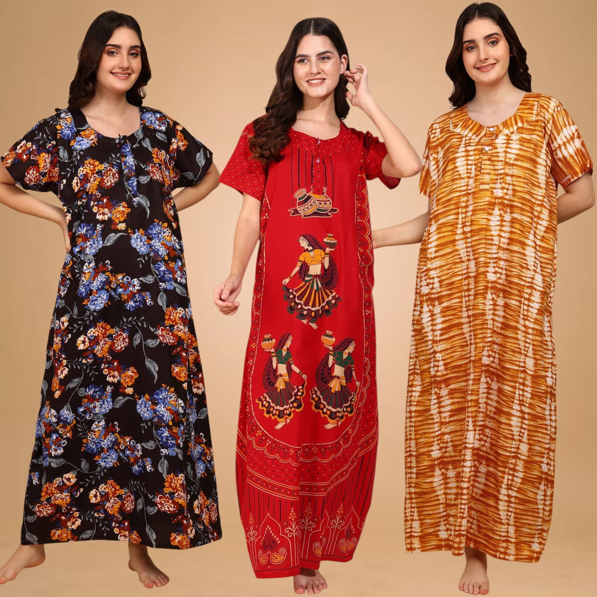manidhari fab Multicolor Cotton Women's Nightwear Nighty & Night Gowns ( Pack of 3 )     			manidhari fab Multicolor Cotton Women's Nightwear Nighty & Night Gowns ( Pack of 3 )