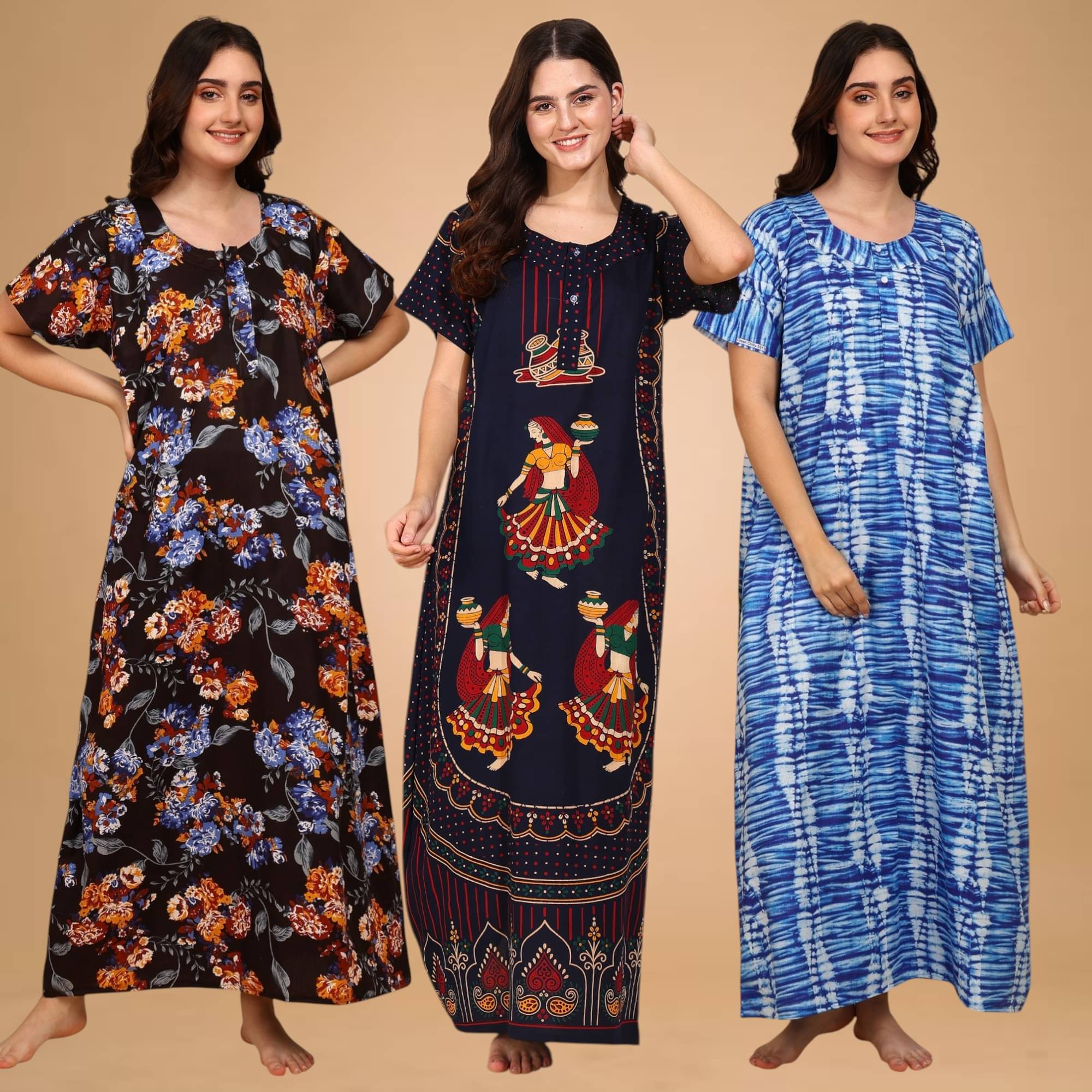     			manidhari fab Multicolor Cotton Women's Nightwear Night Dress ( Pack of 3 )
