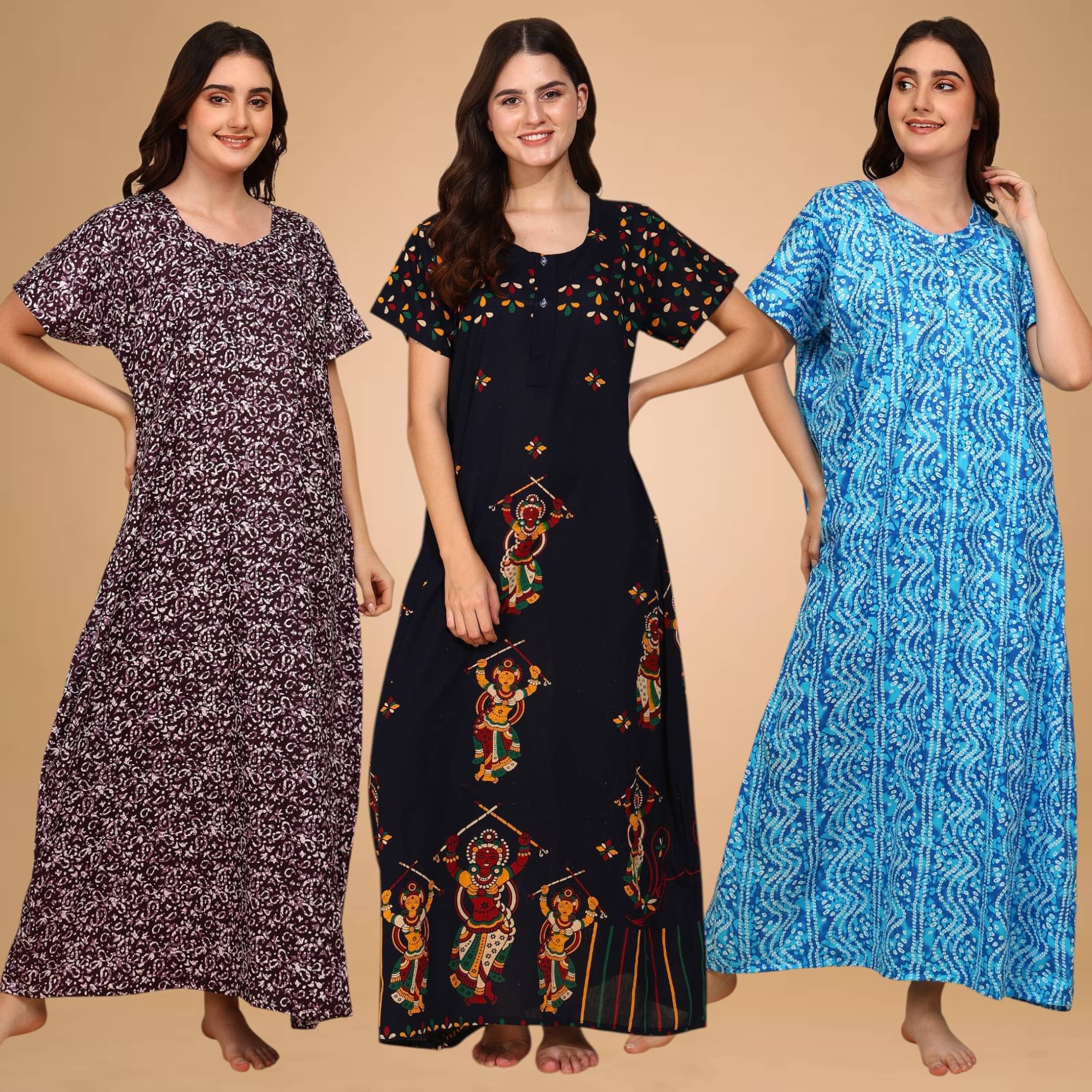     			manidhari fab Multicolor Cotton Women's Nightwear Night Dress ( Pack of 3 )