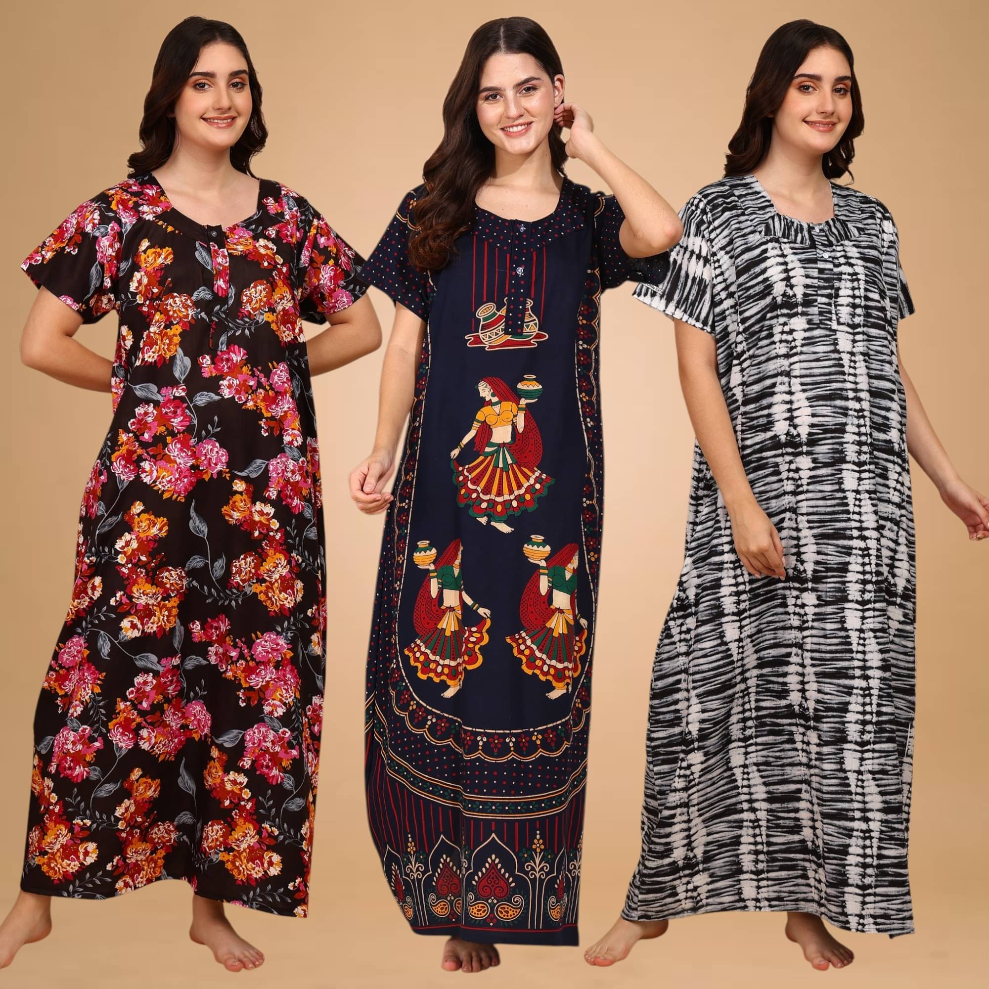manidhari fab Multicolor Cotton Women's Nightwear Nighty & Night Gowns ( Pack of 3 ) manidhari fab Multicolor Cotton Women's Nightwear Nighty & Night Gowns ( Pack of 3 )