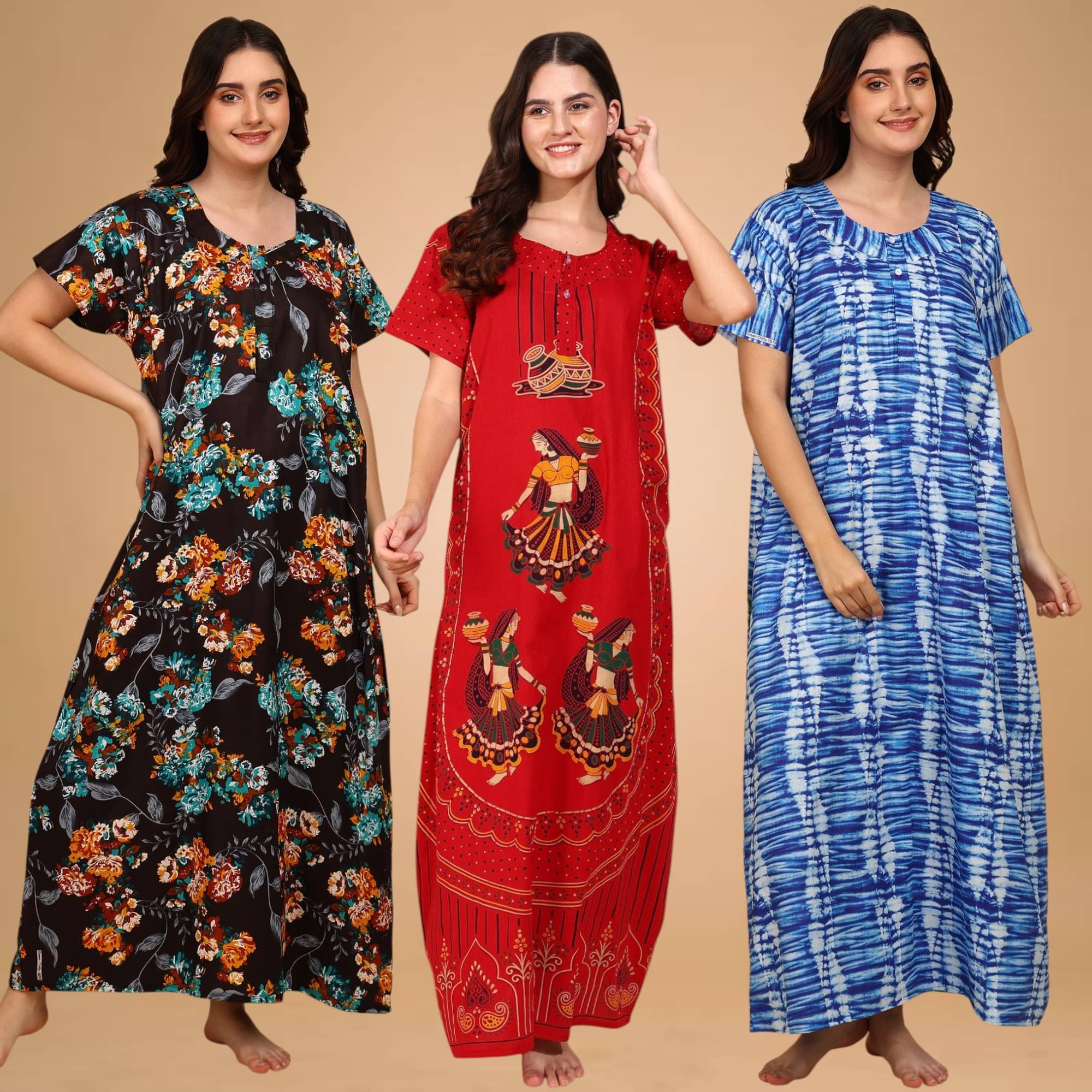 manidhari fab Multicolor Cotton Women's Nightwear Nighty & Night Gowns ( Pack of 3 ) manidhari fab Multicolor Cotton Women's Nightwear Nighty & Night Gowns ( Pack of 3 )
