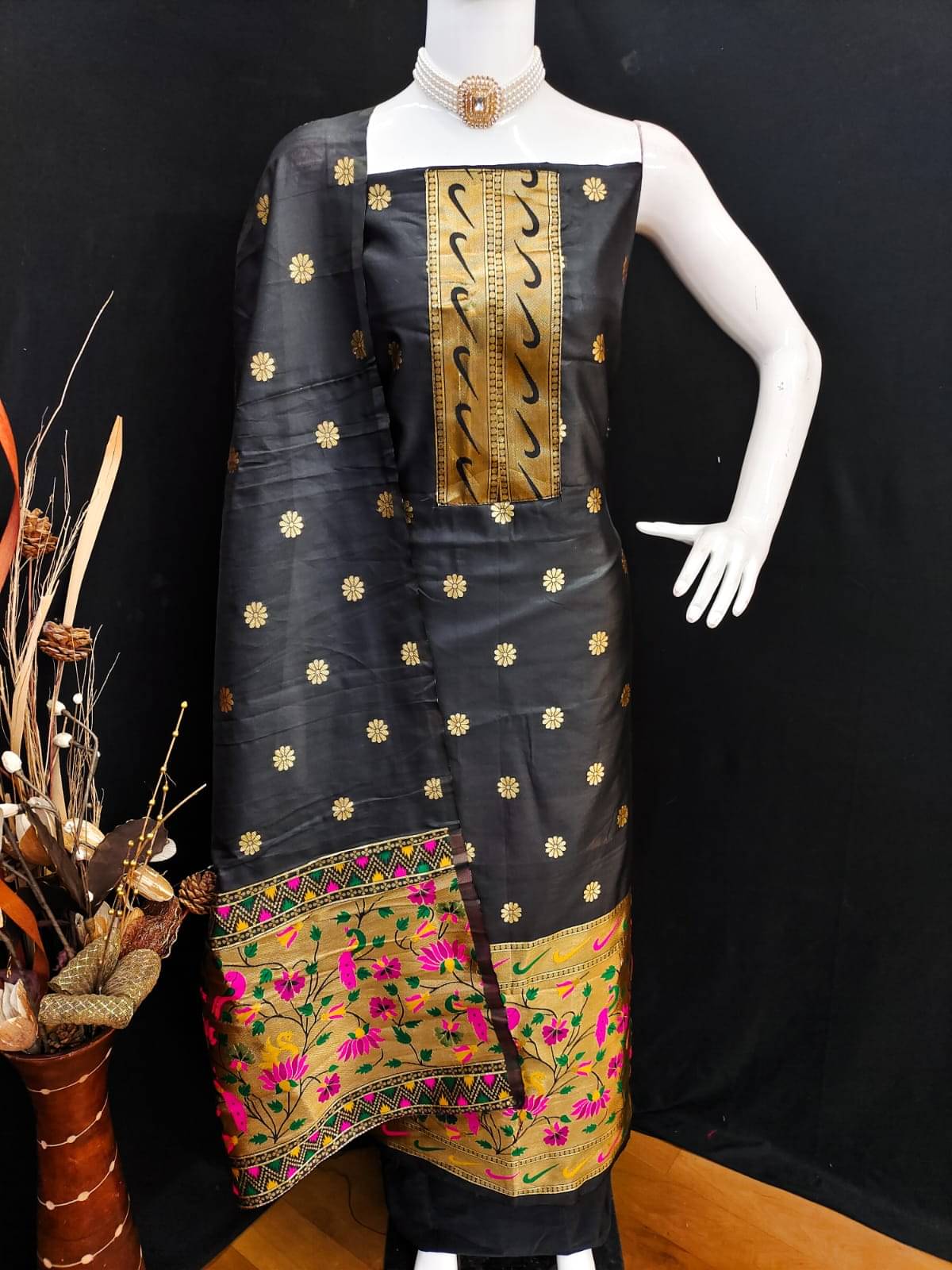 ALSHOP Women Silk Blend Unstitched Dress Material ( Black ) ALSHOP Women Silk Blend Unstitched Dress Material ( Black )
