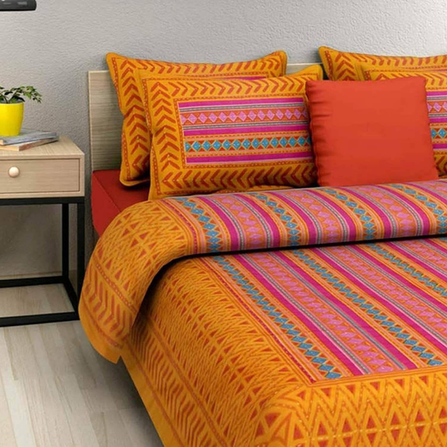     			Batham Handloom Cotton 1 Double Bedsheet with 2 Pillow Covers ( Yellow )