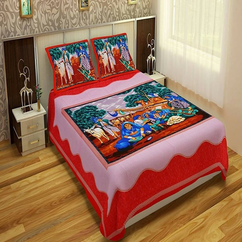     			Batham Handloom Cotton 1 Double Bedsheet with 2 Pillow Covers ( Red )