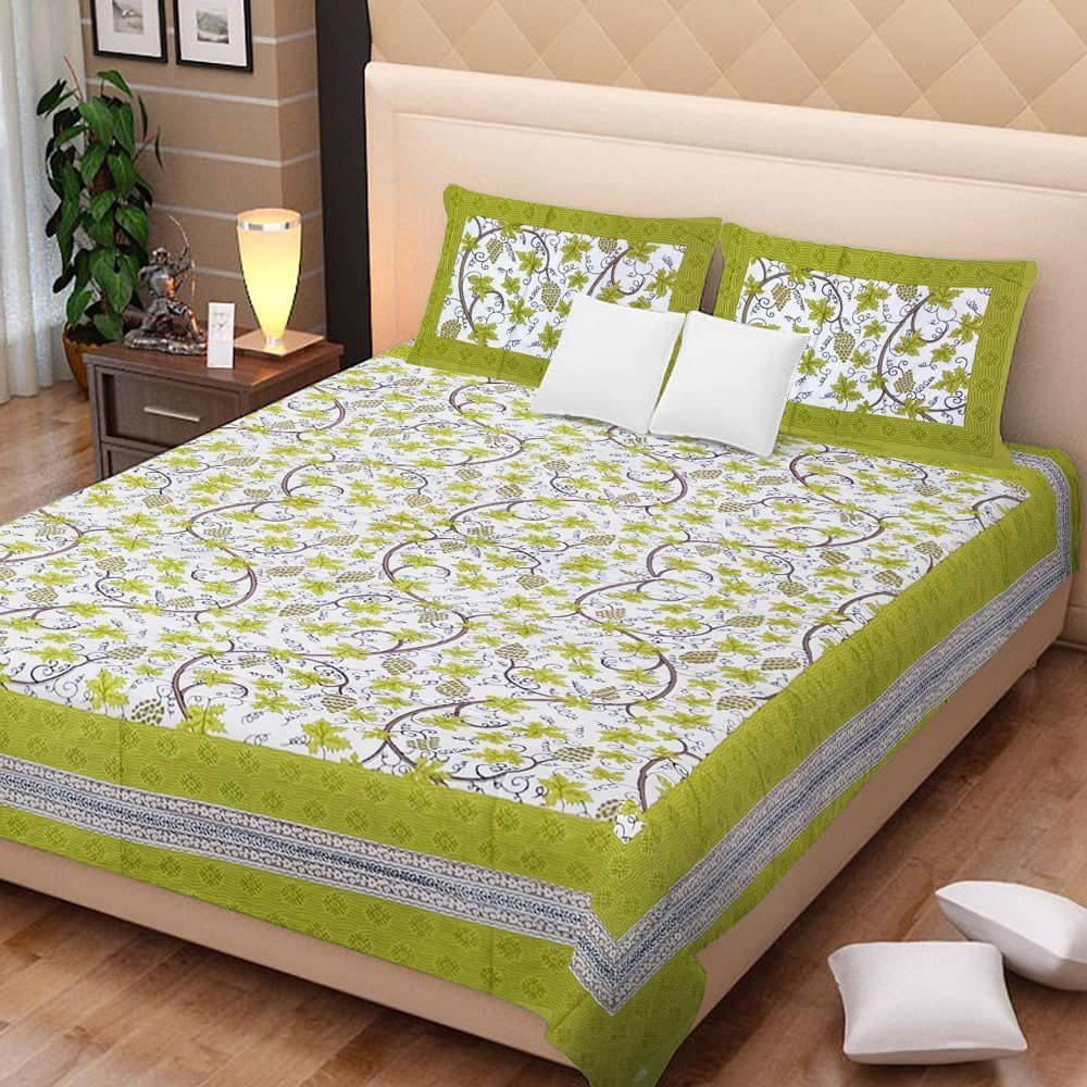     			Batham Handloom Cotton 1 Double Bedsheet with 2 Pillow Covers ( Green )