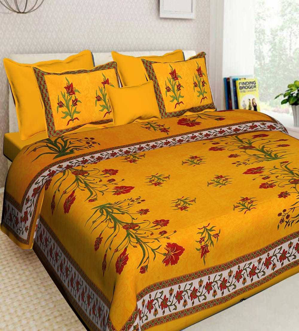     			Batham Handloom Cotton 1 Double Bedsheet with 2 Pillow Covers ( Yellow )