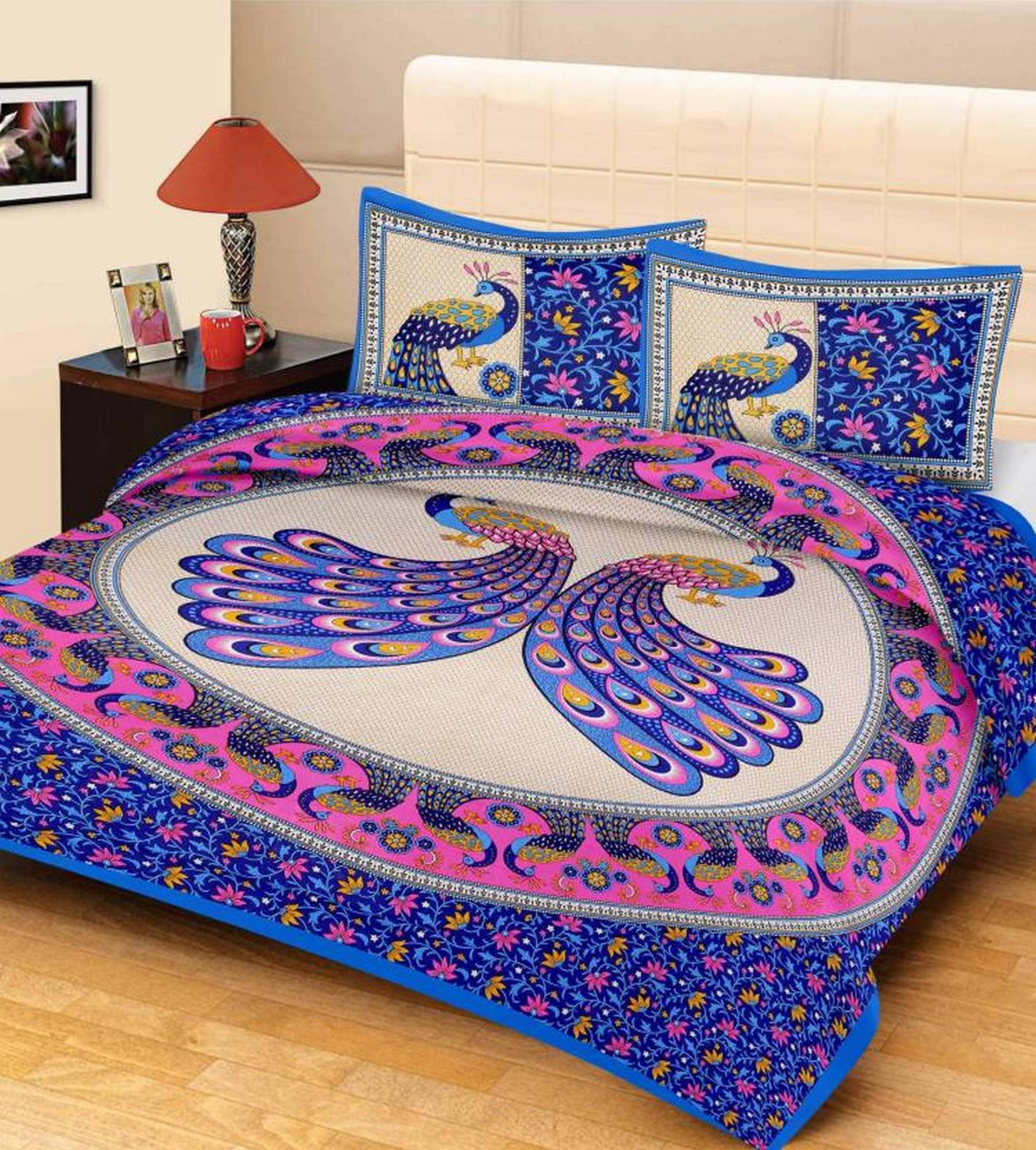     			Batham Handloom Cotton 1 Double Bedsheet with 2 Pillow Covers ( Blue )