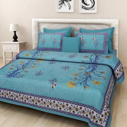     			Batham Handloom Cotton 1 Double Bedsheet with 2 Pillow Covers ( Blue )
