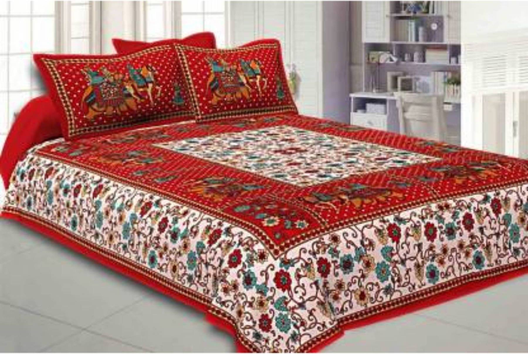     			Batham Handloom Cotton 1 Double Bedsheet with 2 Pillow Covers ( Red )