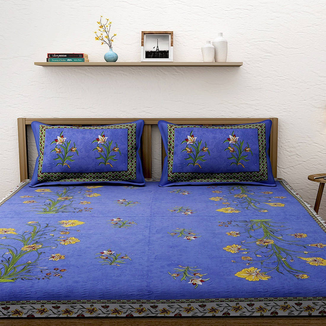     			Batham Handloom Cotton 1 Double Bedsheet with 2 Pillow Covers ( Blue )