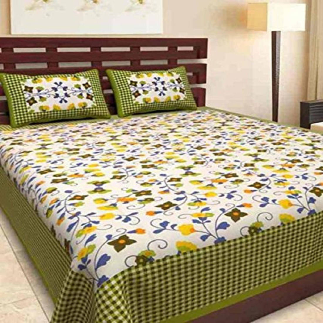     			Batham Handloom Cotton 1 Double Bedsheet with 2 Pillow Covers ( Green )