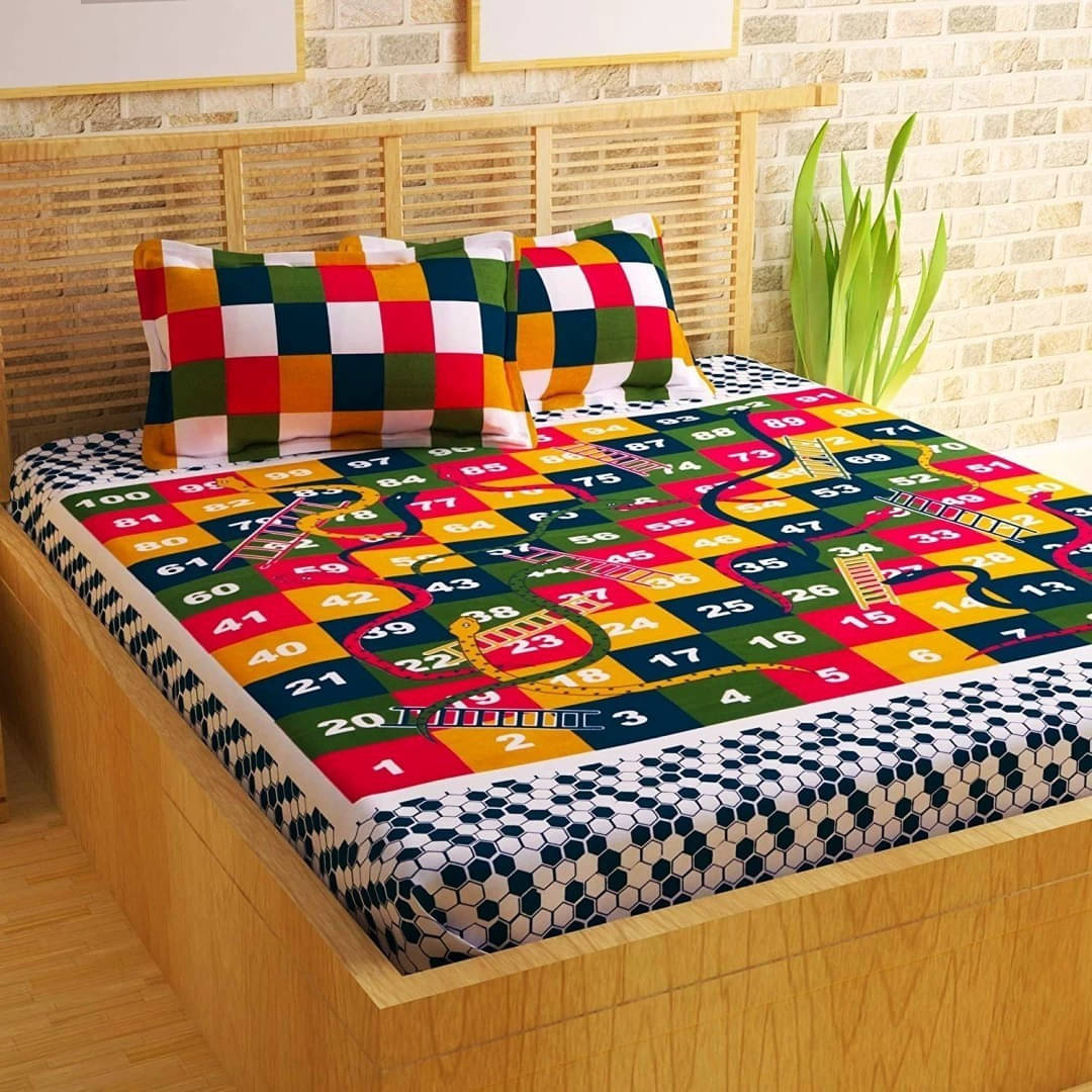     			Batham Handloom Cotton 1 Double Snakes and Ladders Bedsheet with 2 Pillow Covers ( Multicolor )