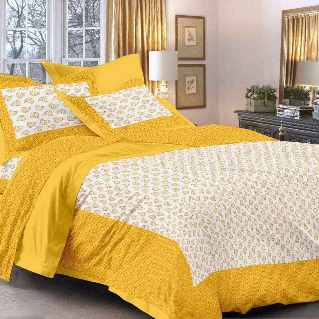 Batham Handloom Cotton 1 Double Bedsheet with 2 Pillow Covers ( Yellow )     			Batham Handloom Cotton 1 Double Bedsheet with 2 Pillow Covers ( Yellow )