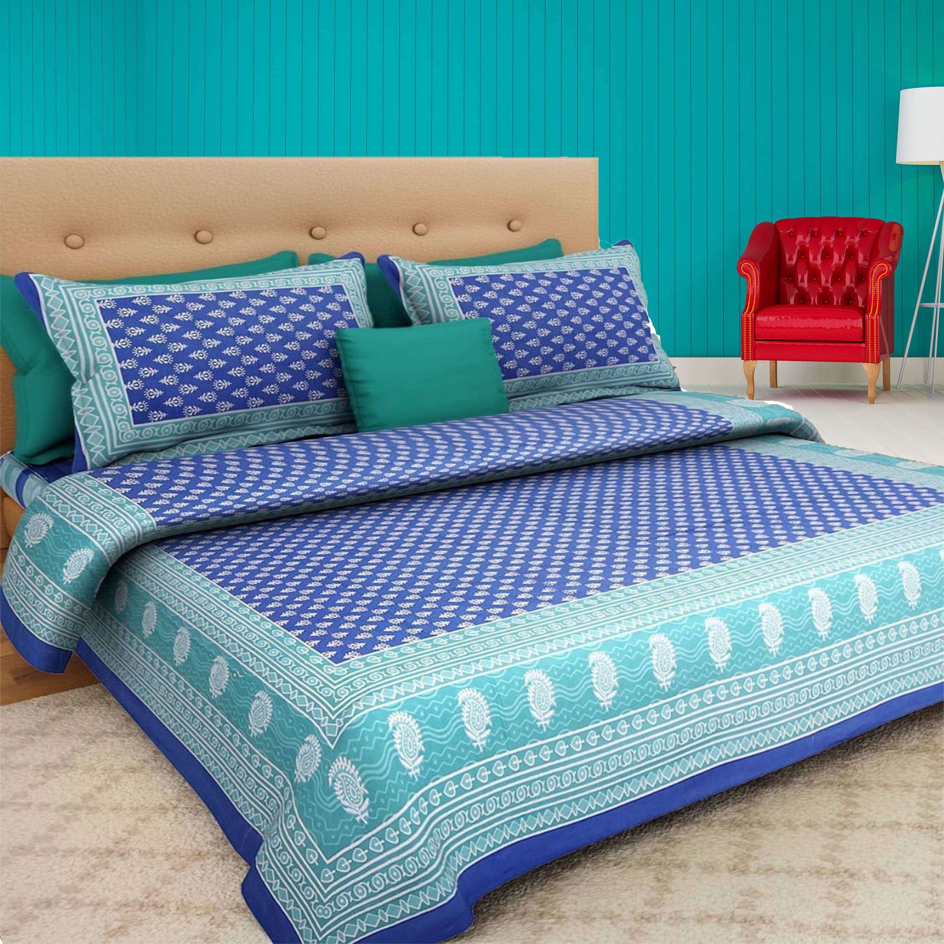     			Batham Handloom Cotton 1 Double Bedsheet with 2 Pillow Covers ( Blue )