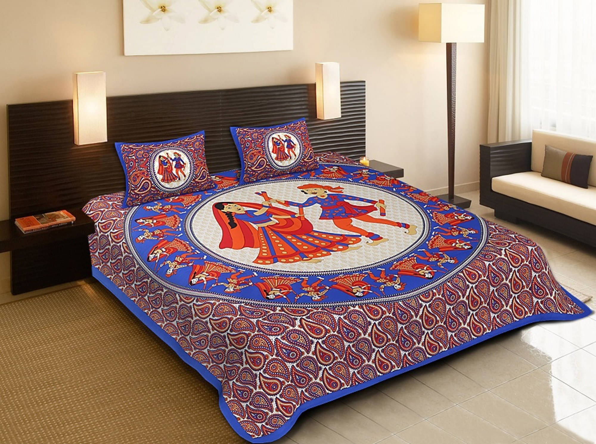     			Batham Handloom Cotton 1 Double Bedsheet with 2 Pillow Covers ( Blue )