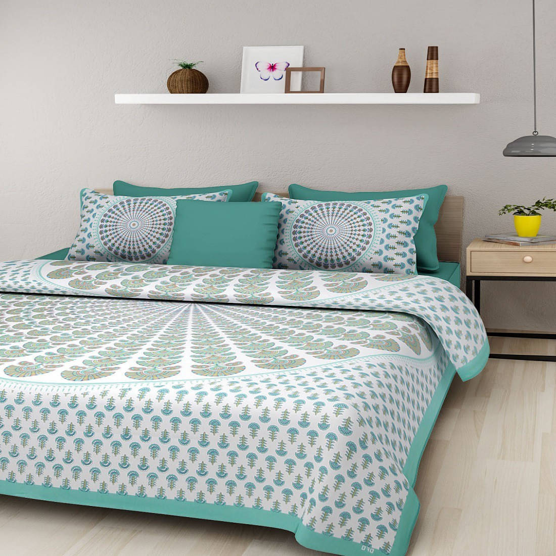     			Batham Handloom Cotton 1 Double Bedsheet with 2 Pillow Covers ( Green )