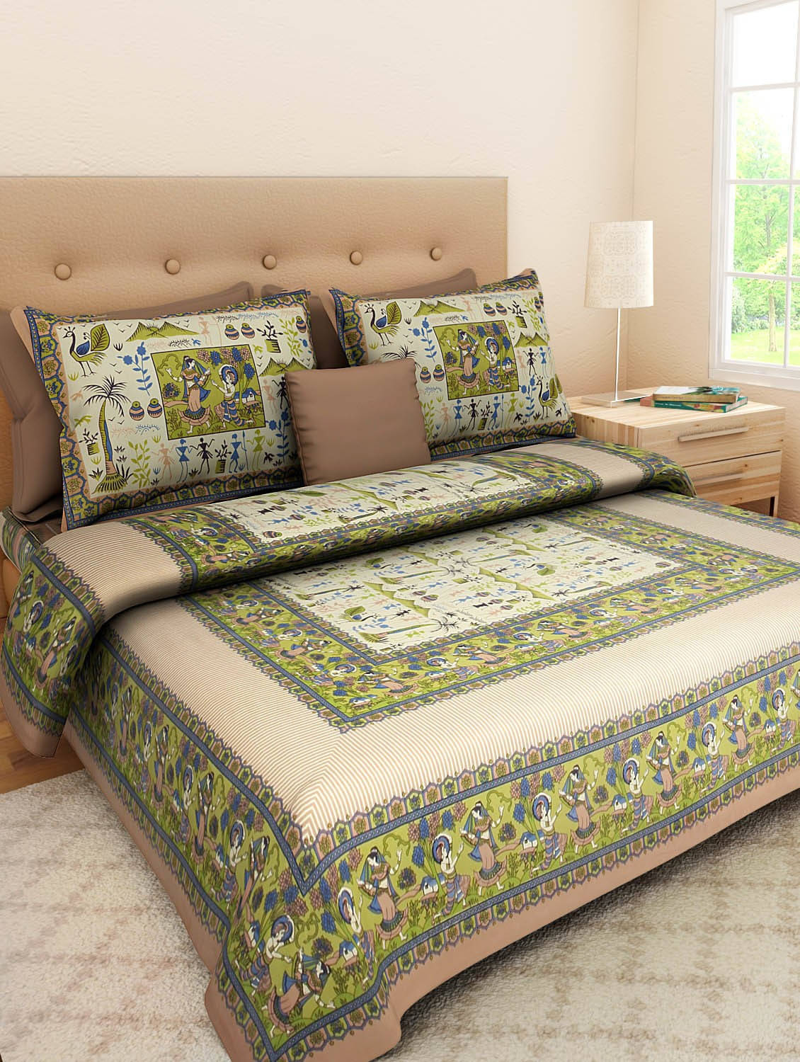     			Batham Handloom Cotton 1 Double Bedsheet with 2 Pillow Covers ( Green )
