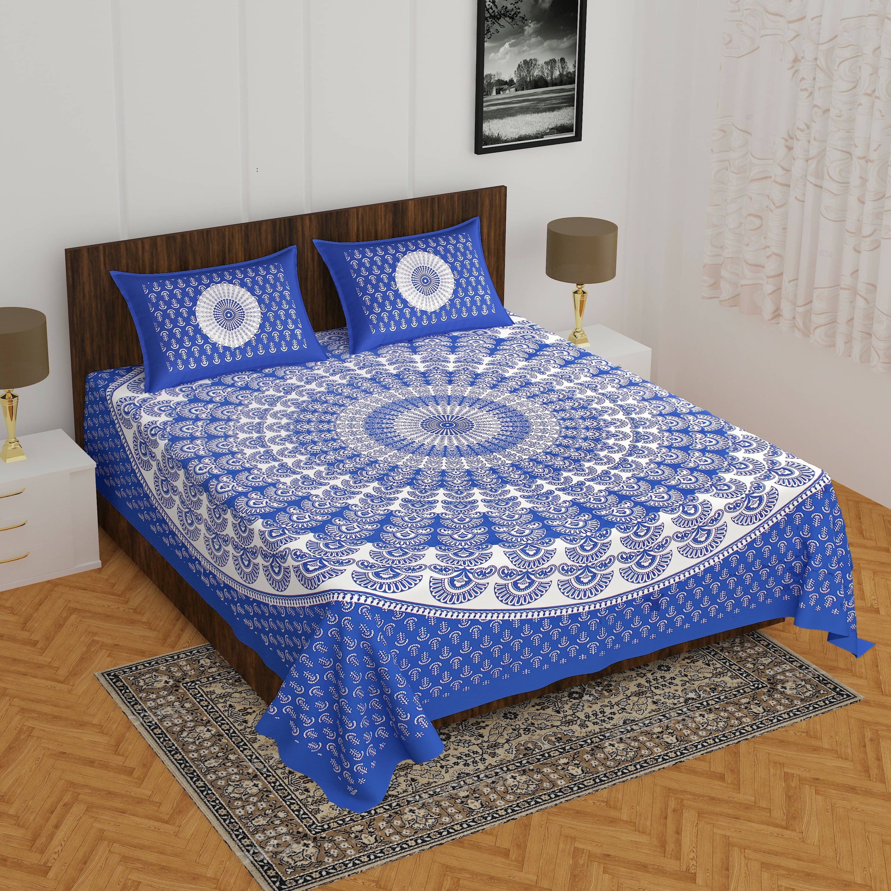     			Batham Handloom Cotton 1 Double Bedsheet with 2 Pillow Covers ( Blue )