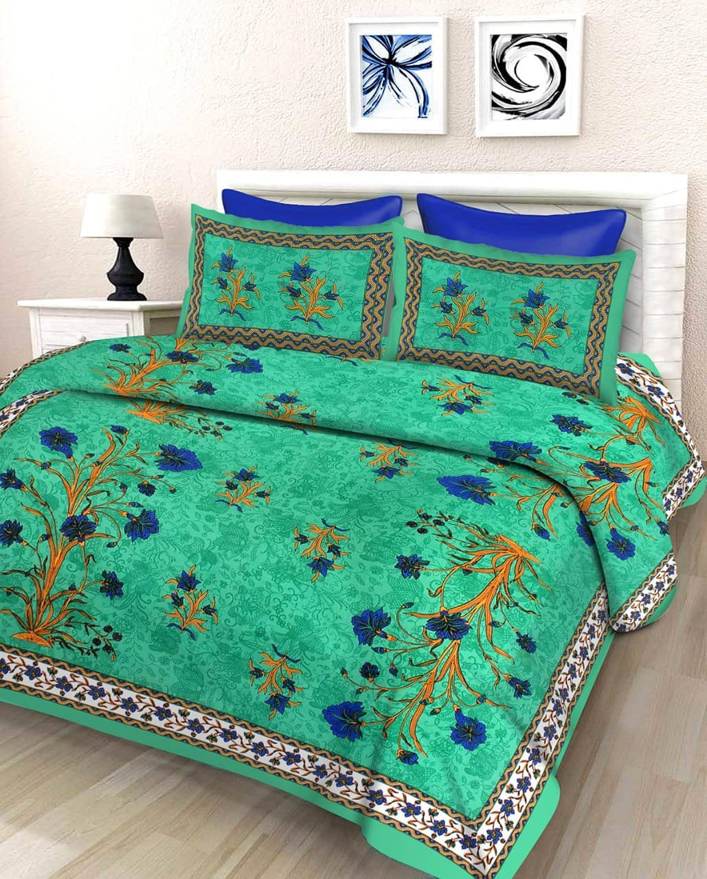    			Batham Handloom Cotton 1 Double Bedsheet with 2 Pillow Covers ( Green )