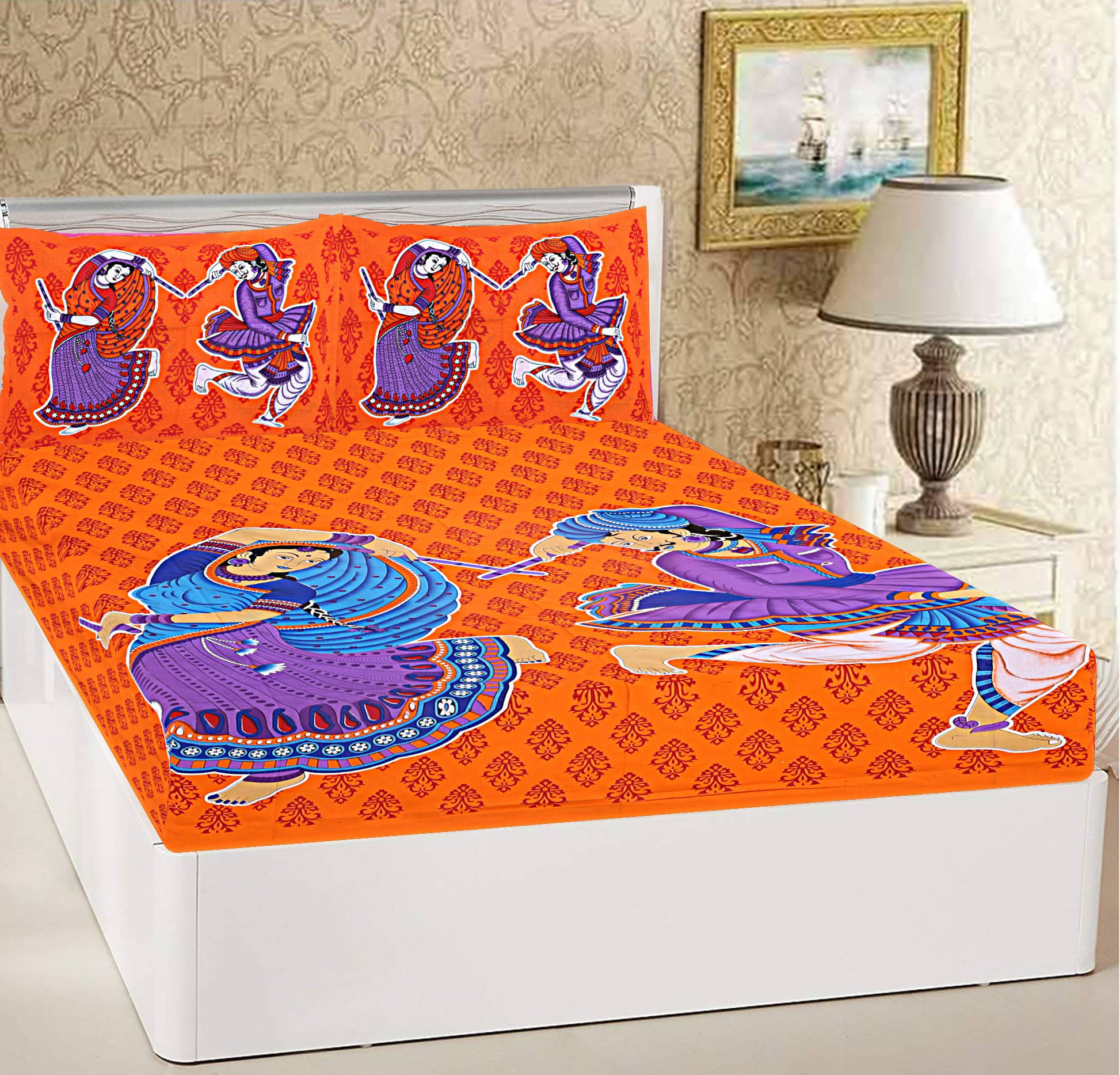     			Batham Handloom Cotton 1 Double Bedsheet with 2 Pillow Covers ( Orange )