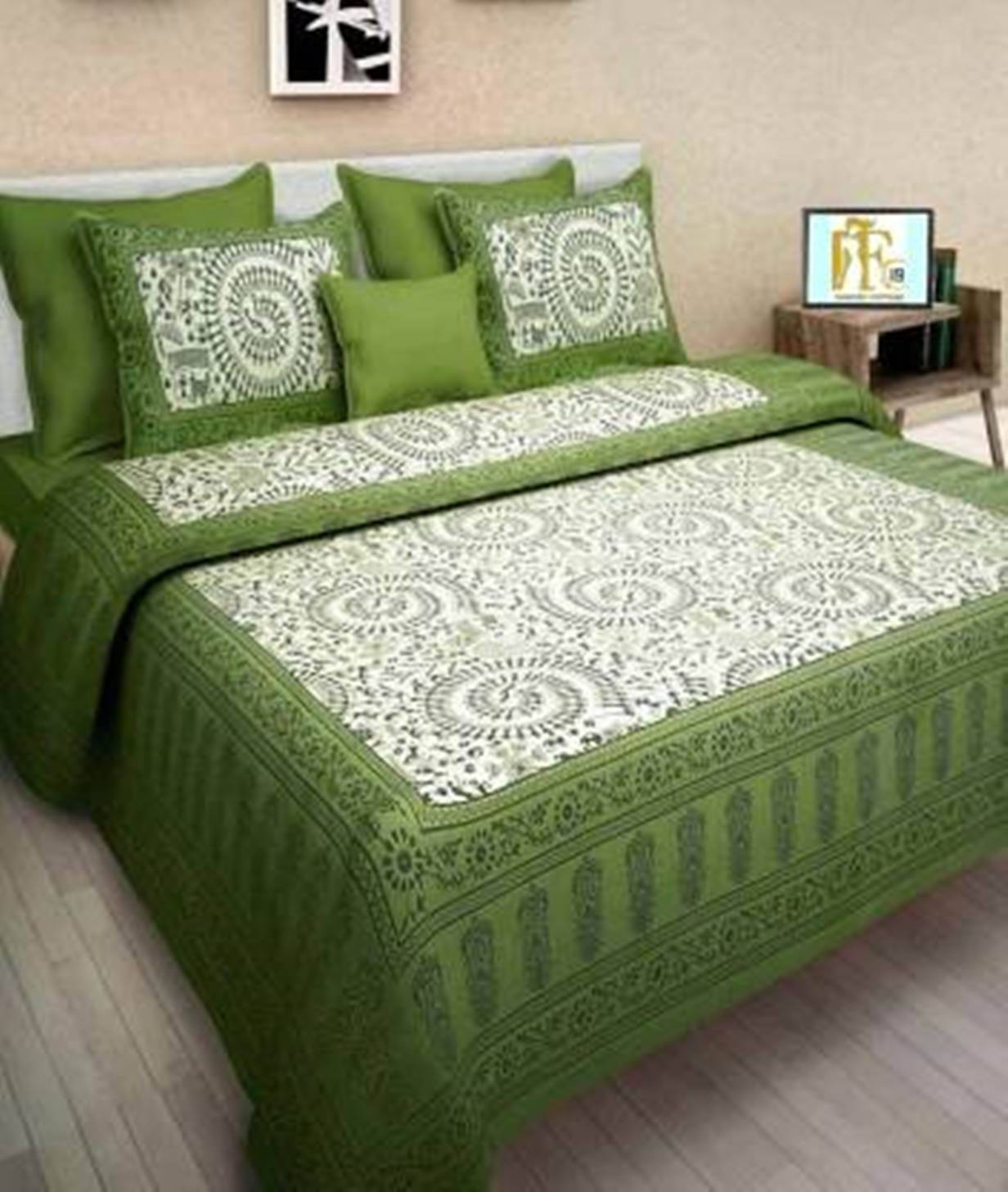     			Batham Handloom Cotton 1 Double Bedsheet with 2 Pillow Covers ( Green )