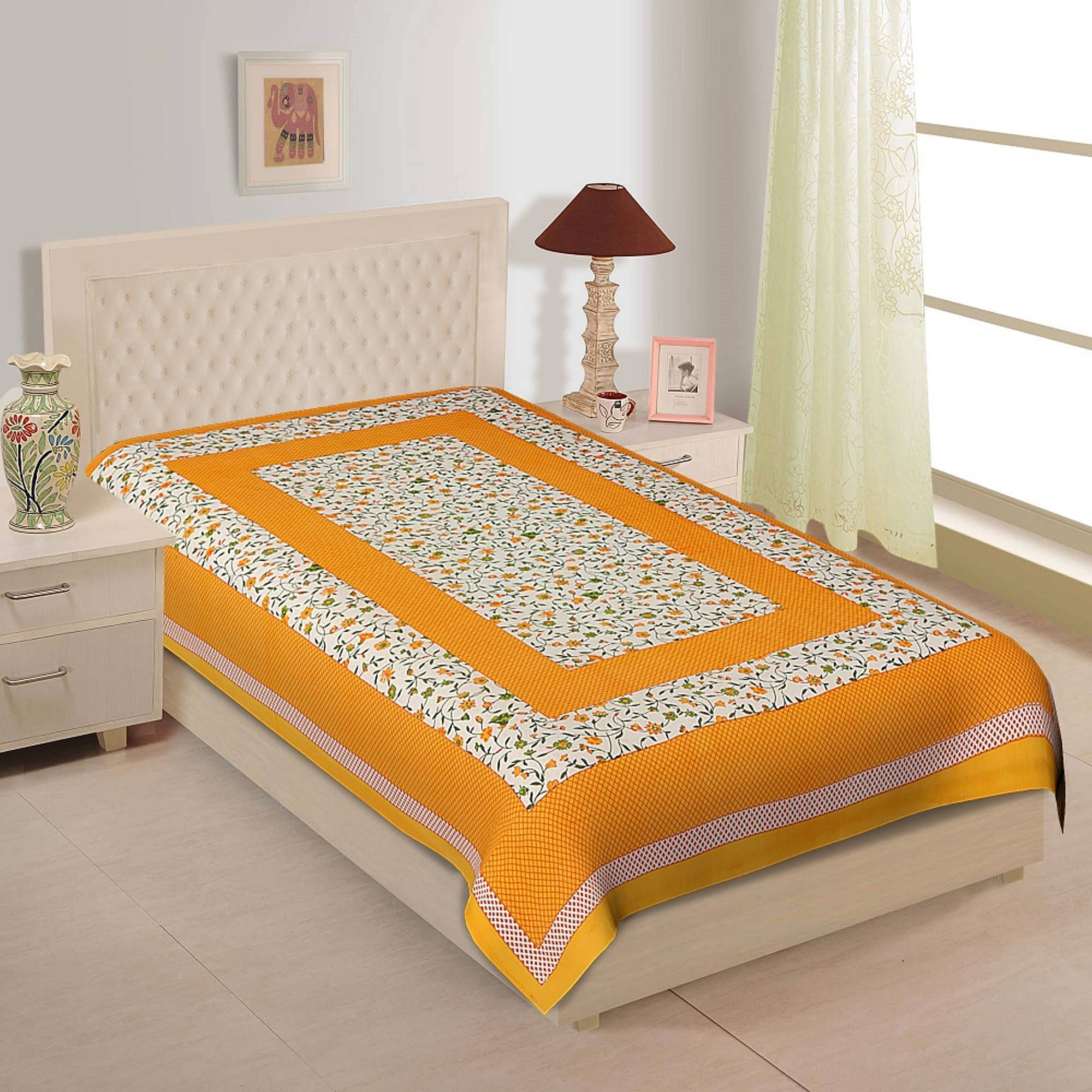     			Batham Handloom Cotton 1 Double Bedsheet with 2 Pillow Covers ( Yellow )