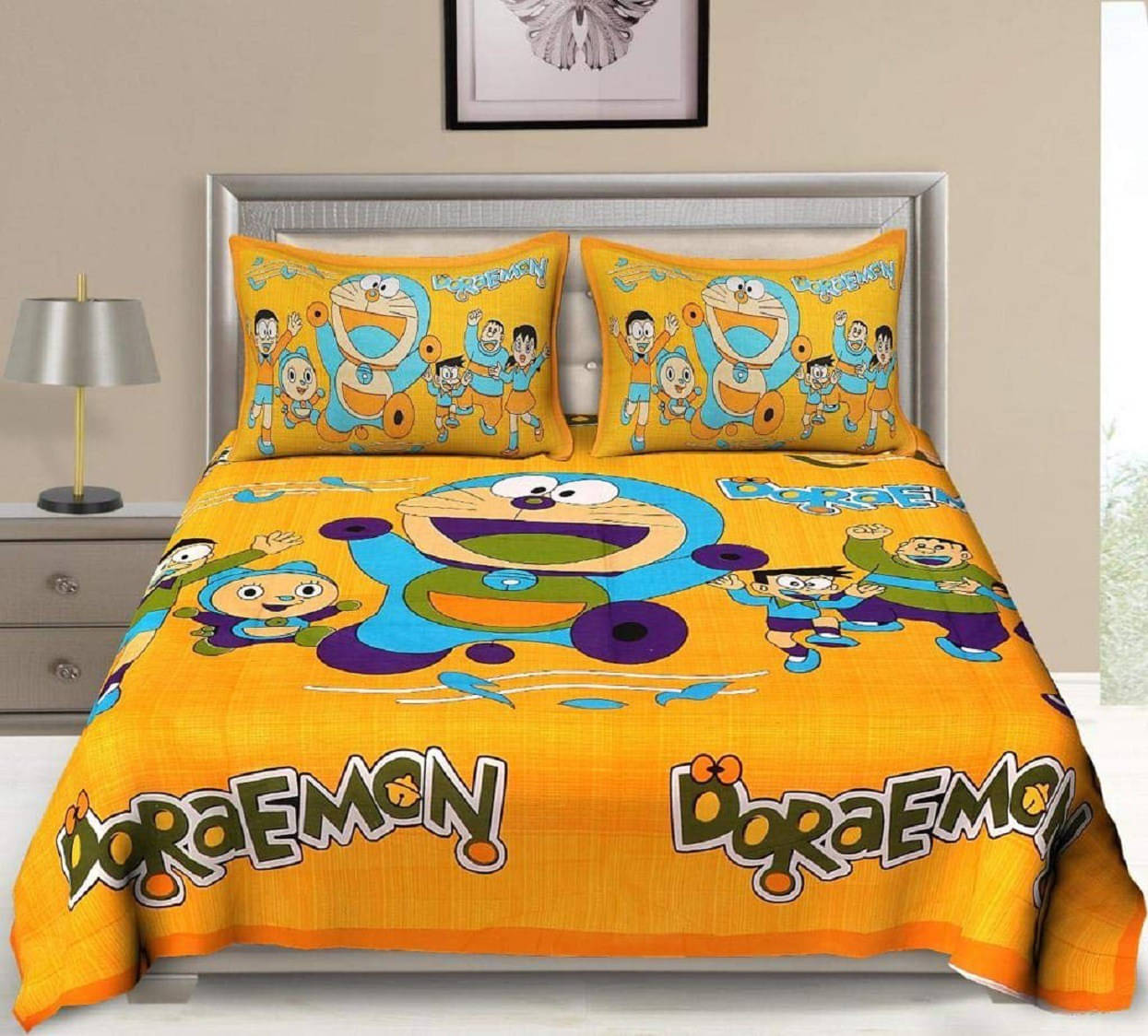     			Batham Handloom Cotton 1 Double Bedsheet with 2 Pillow Covers ( Yellow )
