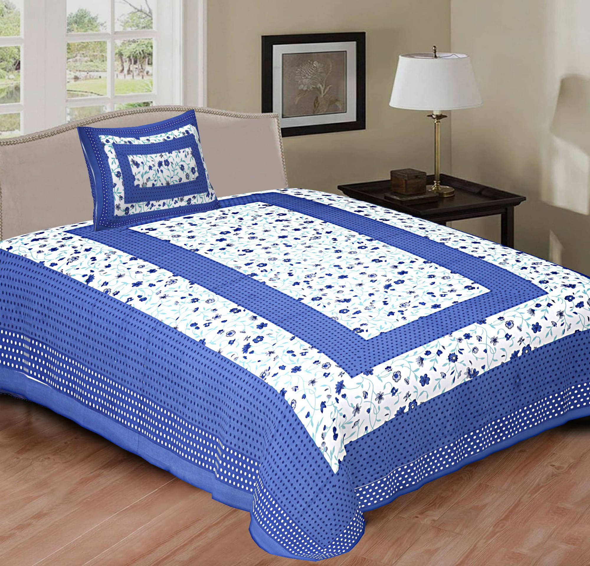 Batham Handloom Cotton 1 Single Bedsheet with 2 Pillow Covers ( Blue ) Batham Handloom Cotton 1 Single Bedsheet with 2 Pillow Covers ( Blue )