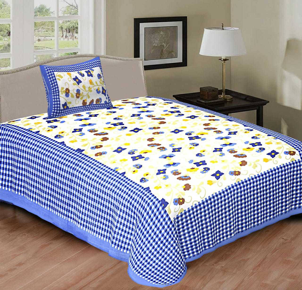    			Batham Handloom Cotton 1 Single Bedsheet with 2 Pillow Covers ( Blue )