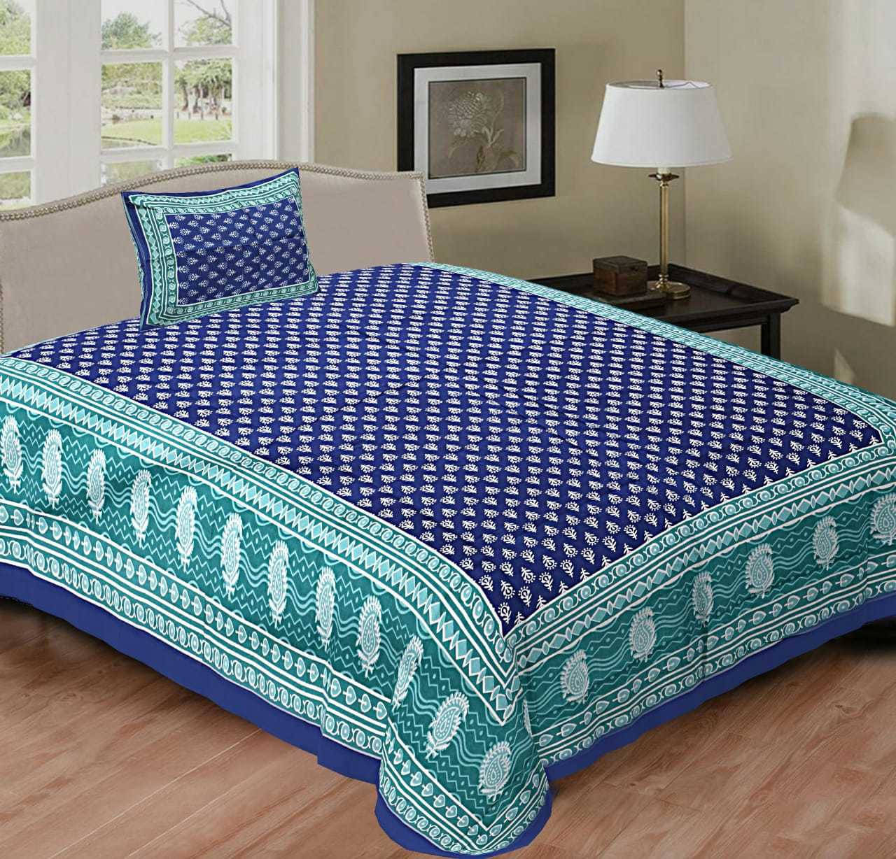     			Batham Handloom Cotton 1 Single Bedsheet with 2 Pillow Covers ( Blue )