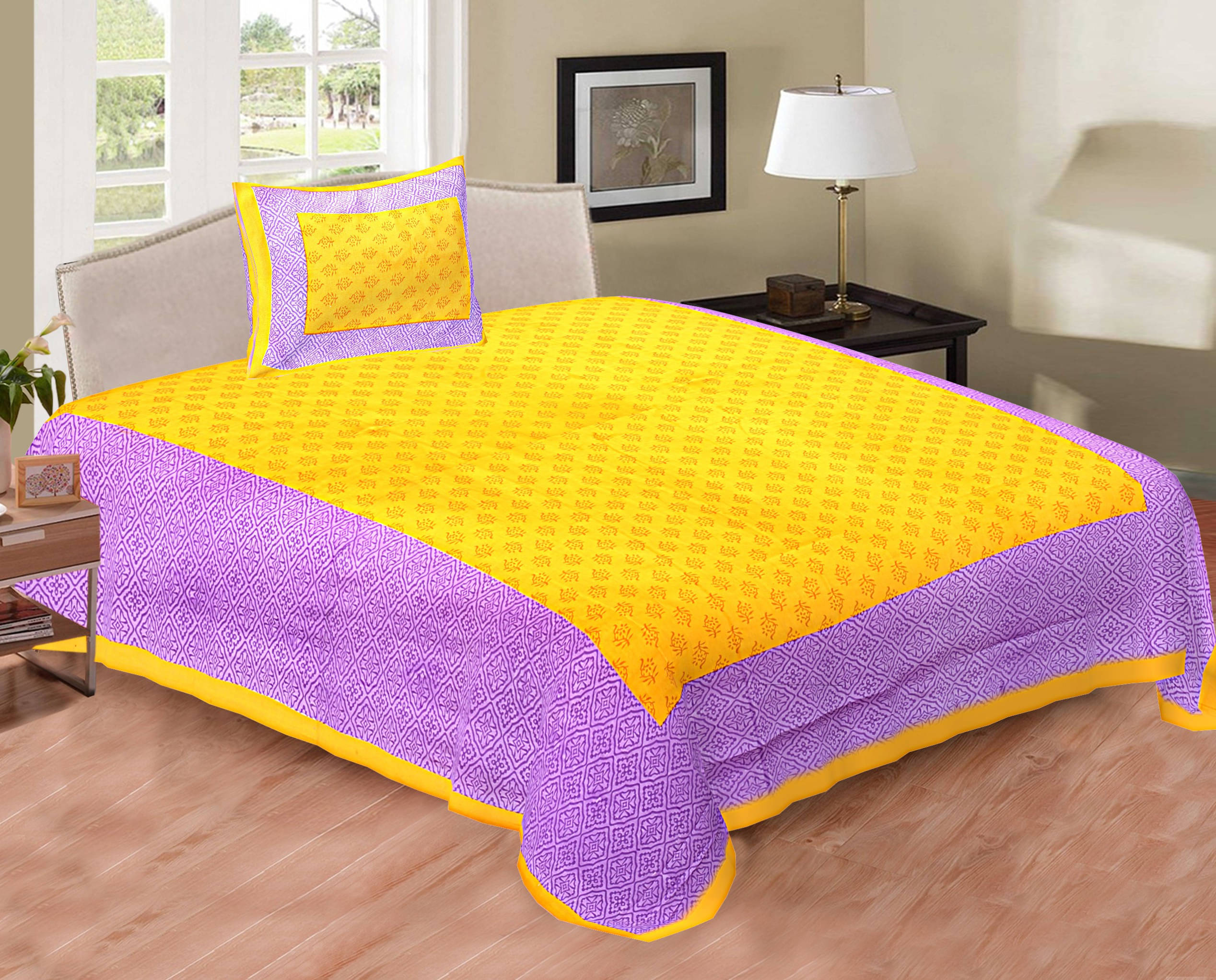     			Batham Handloom Cotton 1 Single Bedsheet with 2 Pillow Covers ( Yellow )