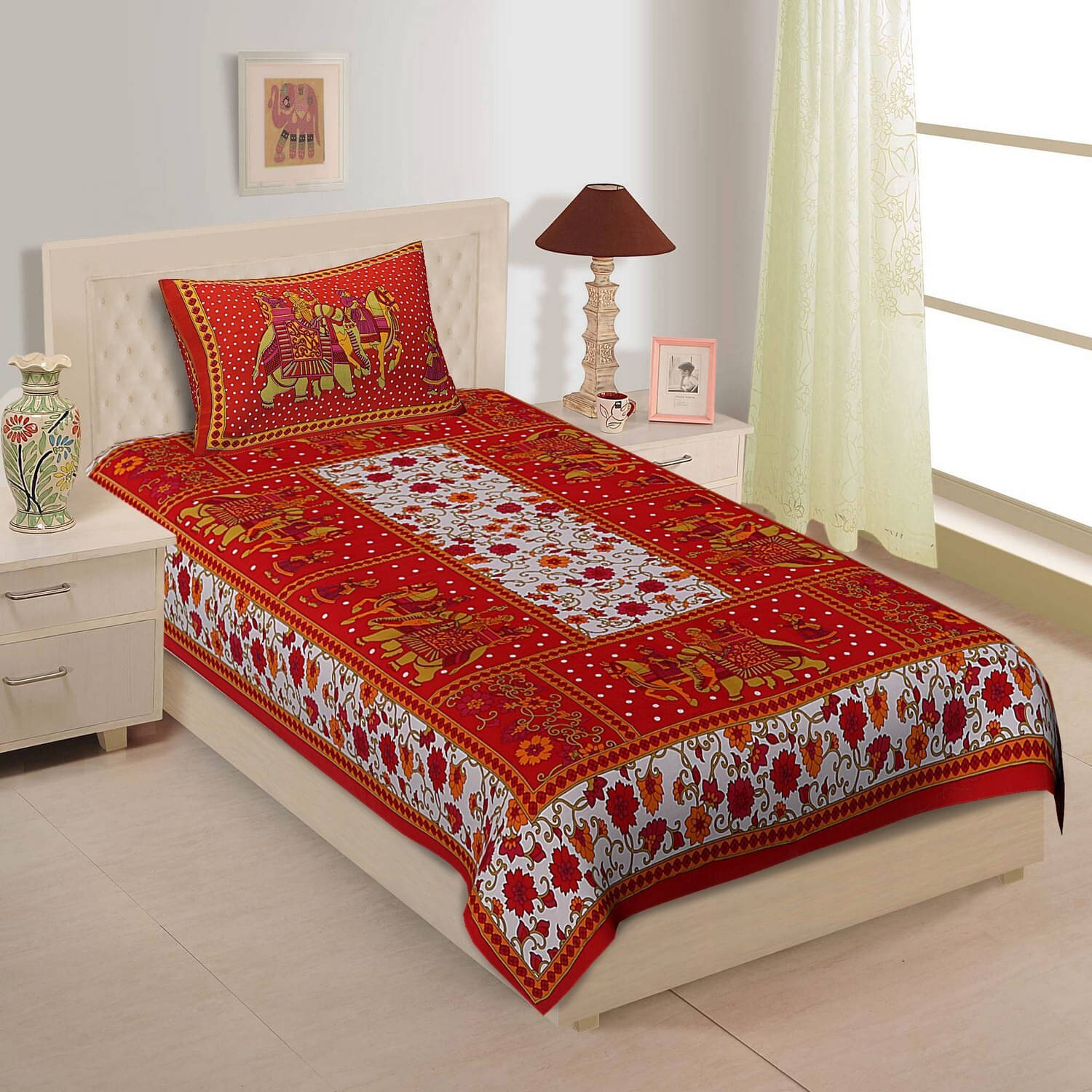 Batham Handloom Cotton 1 Single Bedsheet with 2 Pillow Covers ( Red )     			Batham Handloom Cotton 1 Single Bedsheet with 2 Pillow Covers ( Red )