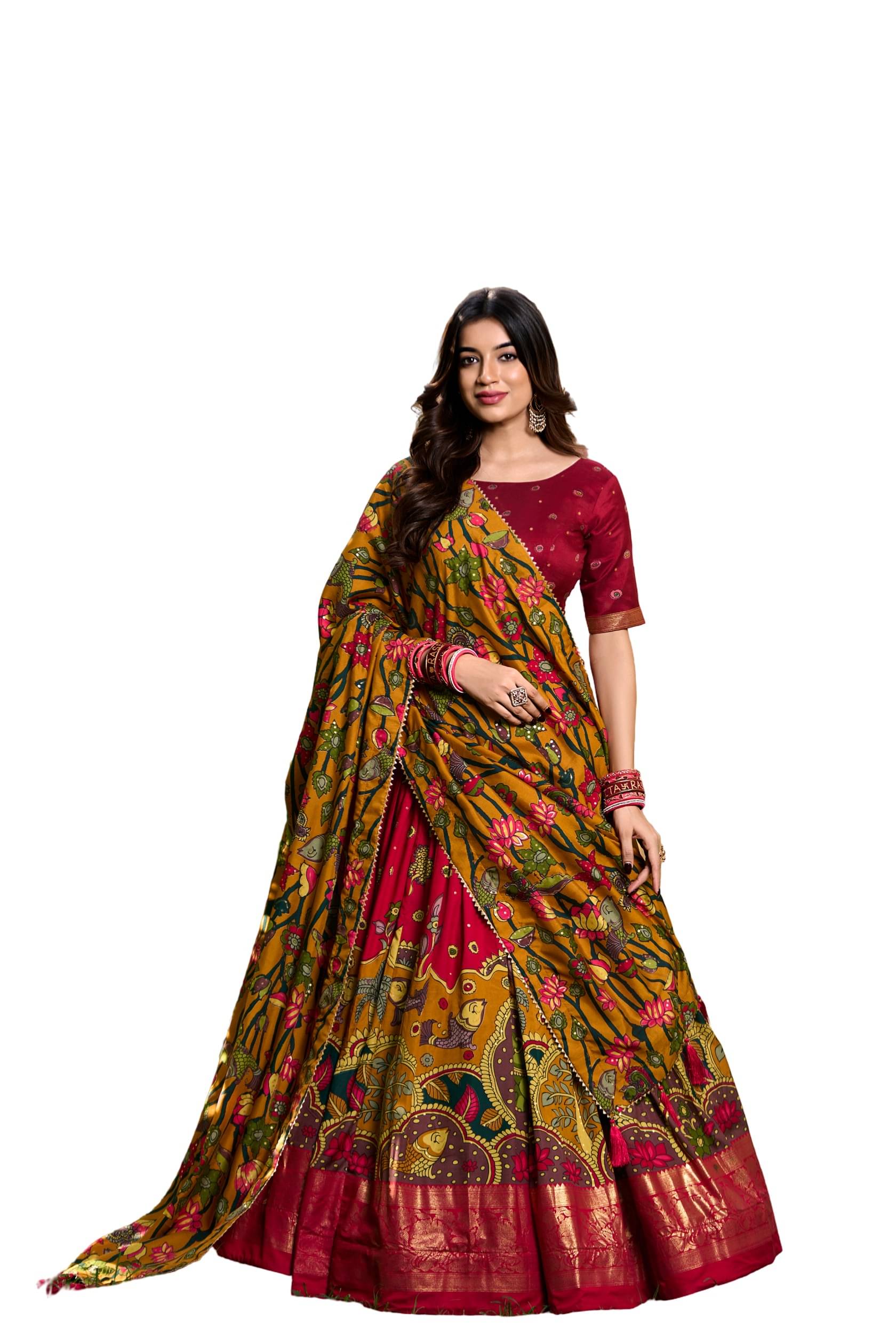     			CYNOR Red Tussar Silk Chaniya Choli Semi Stitched Lehenga Single