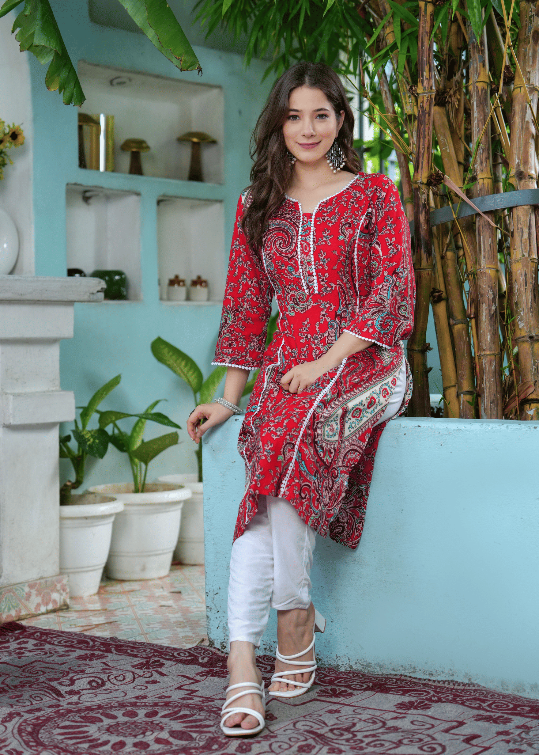 HISHAM Women's Viscose Printed Straight Kurti - ( Red ) HISHAM Women's Viscose Printed Straight Kurti - ( Red )