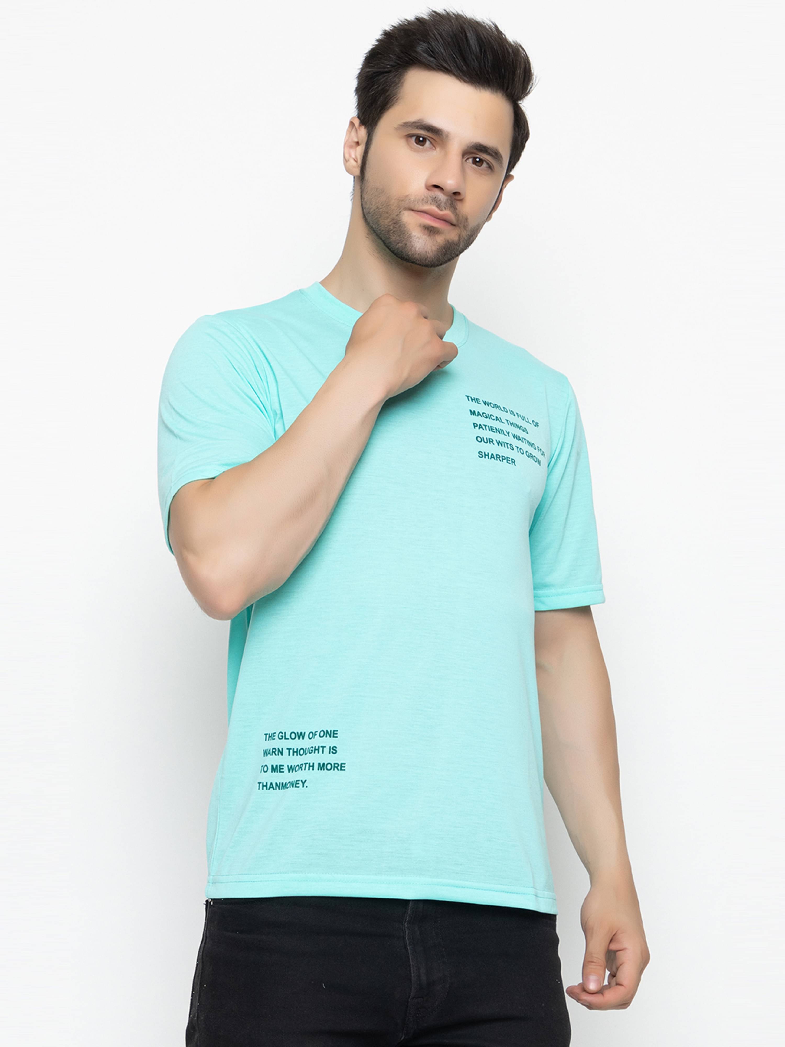     			Hold Men Cotton Blend Regular Fit Printed T-Shirt ( Aqua Blue )