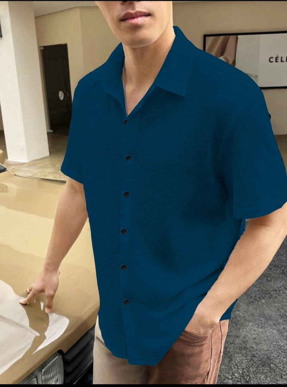     			LENRIZA Poly Cotton Regular Fit Self Design Half Sleeves Men's Casual Shirt - Blue ( Pack of 1 )