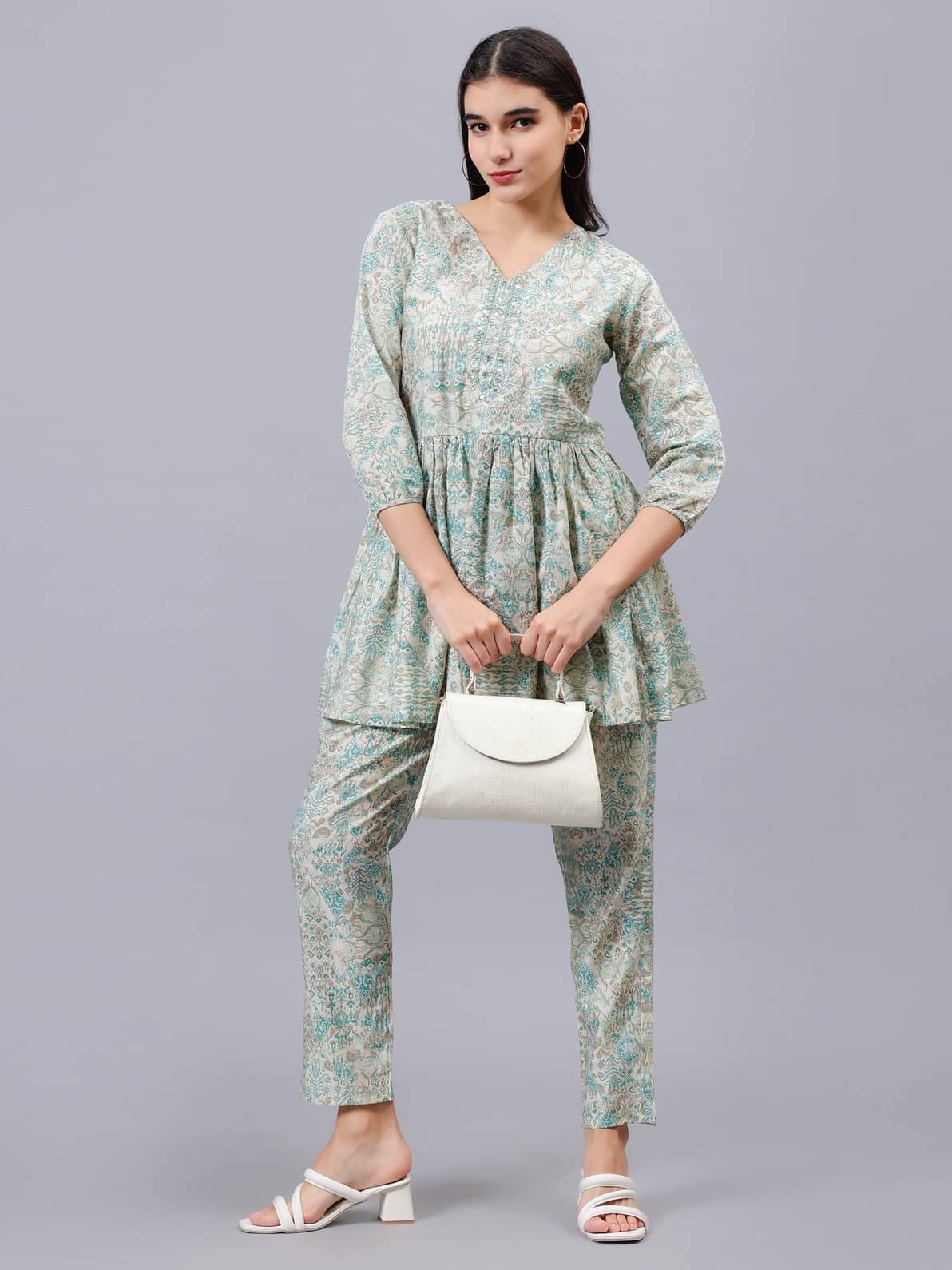     			MEHUL TEXTILE / MVC GROUP OF COMPANY Women Printed Top With Trousers Co-Ord Set ( Teal )