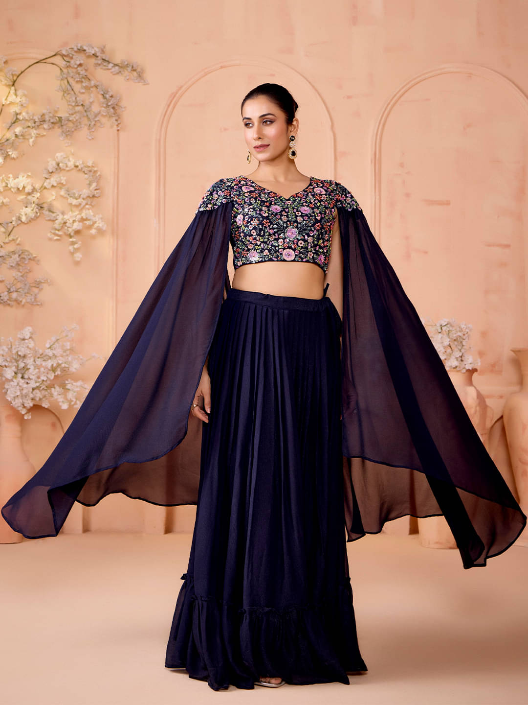     			Madhuram Textiles Navy Georgette Circular Stitched Lehenga