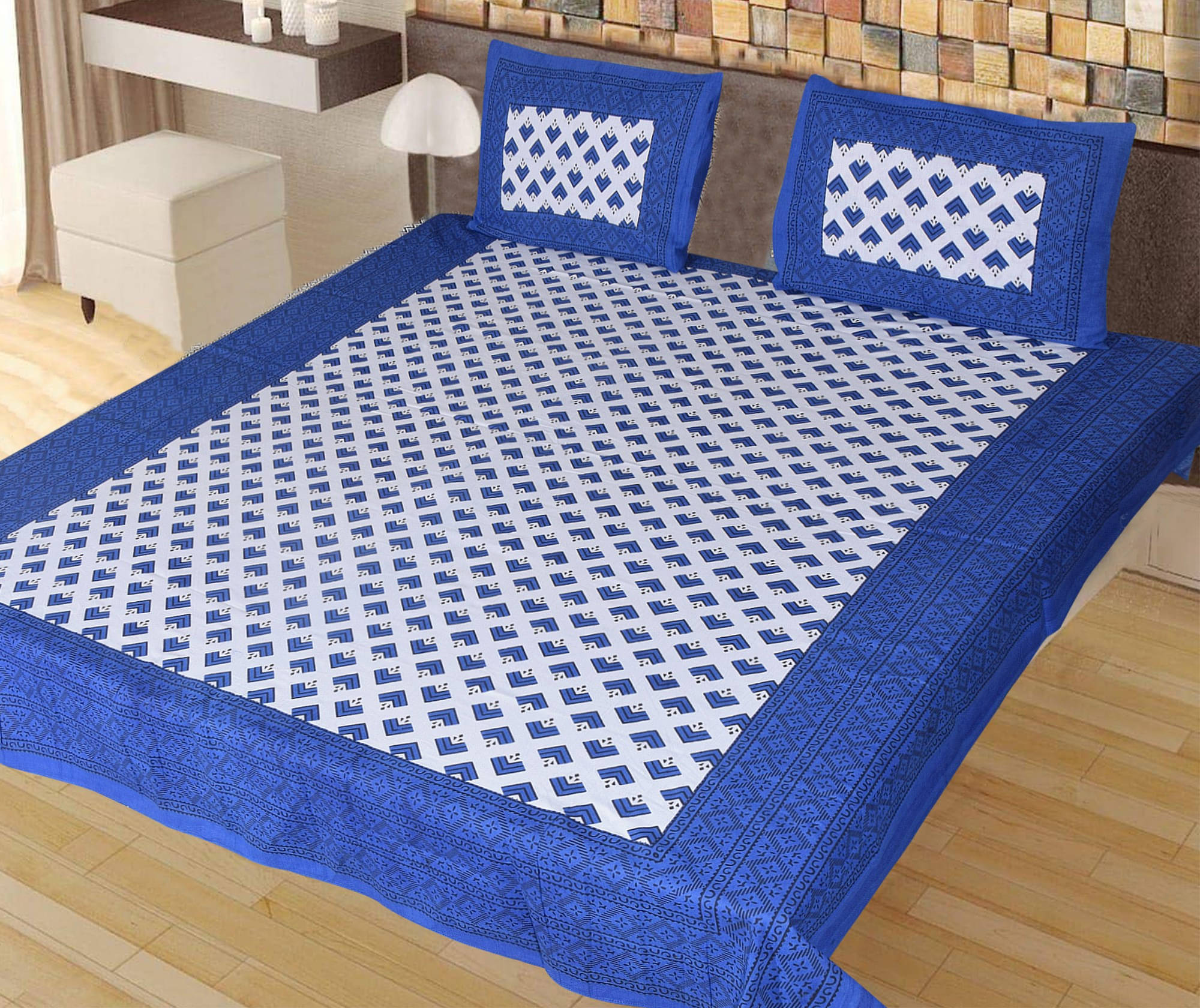     			Navkaar Creation Cotton 1 Double Bedsheet with 2 Pillow Covers ( Blue )