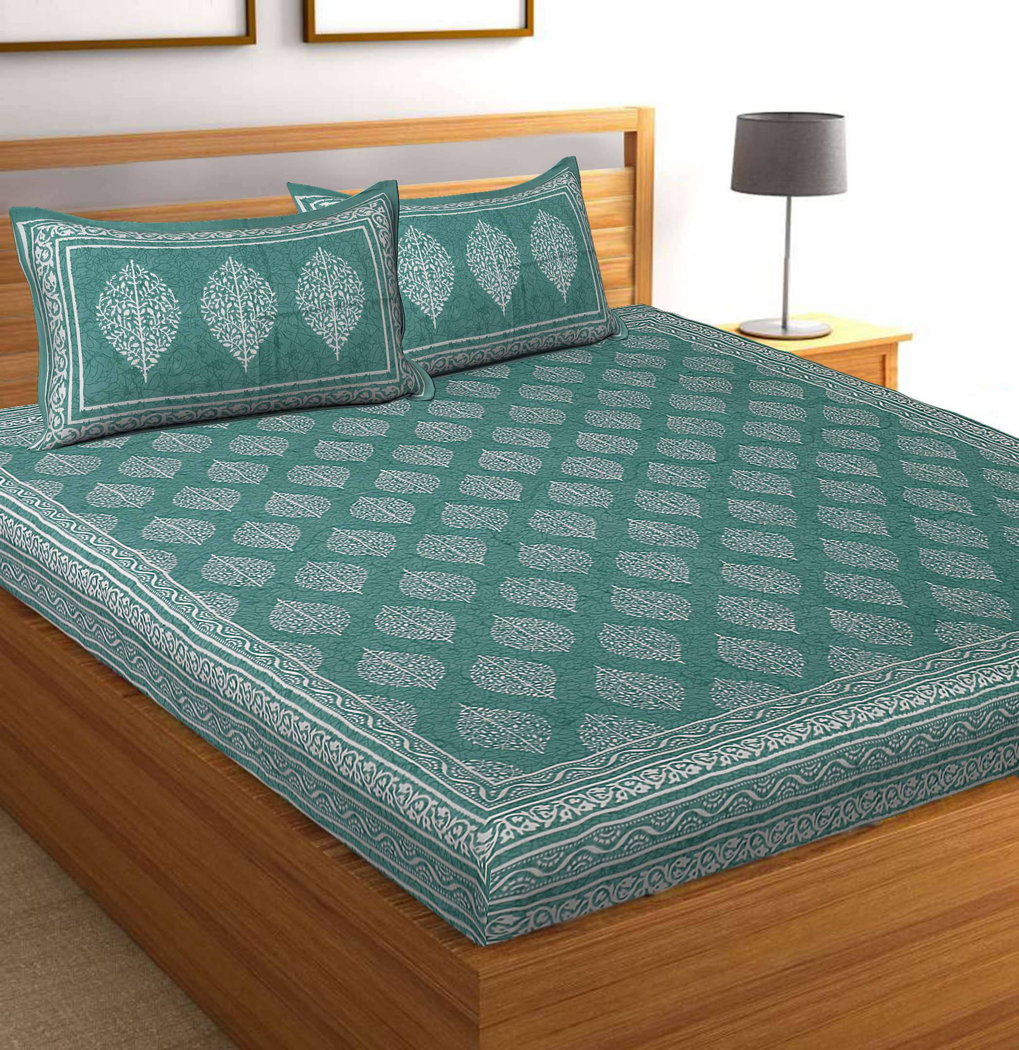     			Navkaar Creation Cotton 1 Double Bedsheet with 2 Pillow Covers ( Green )