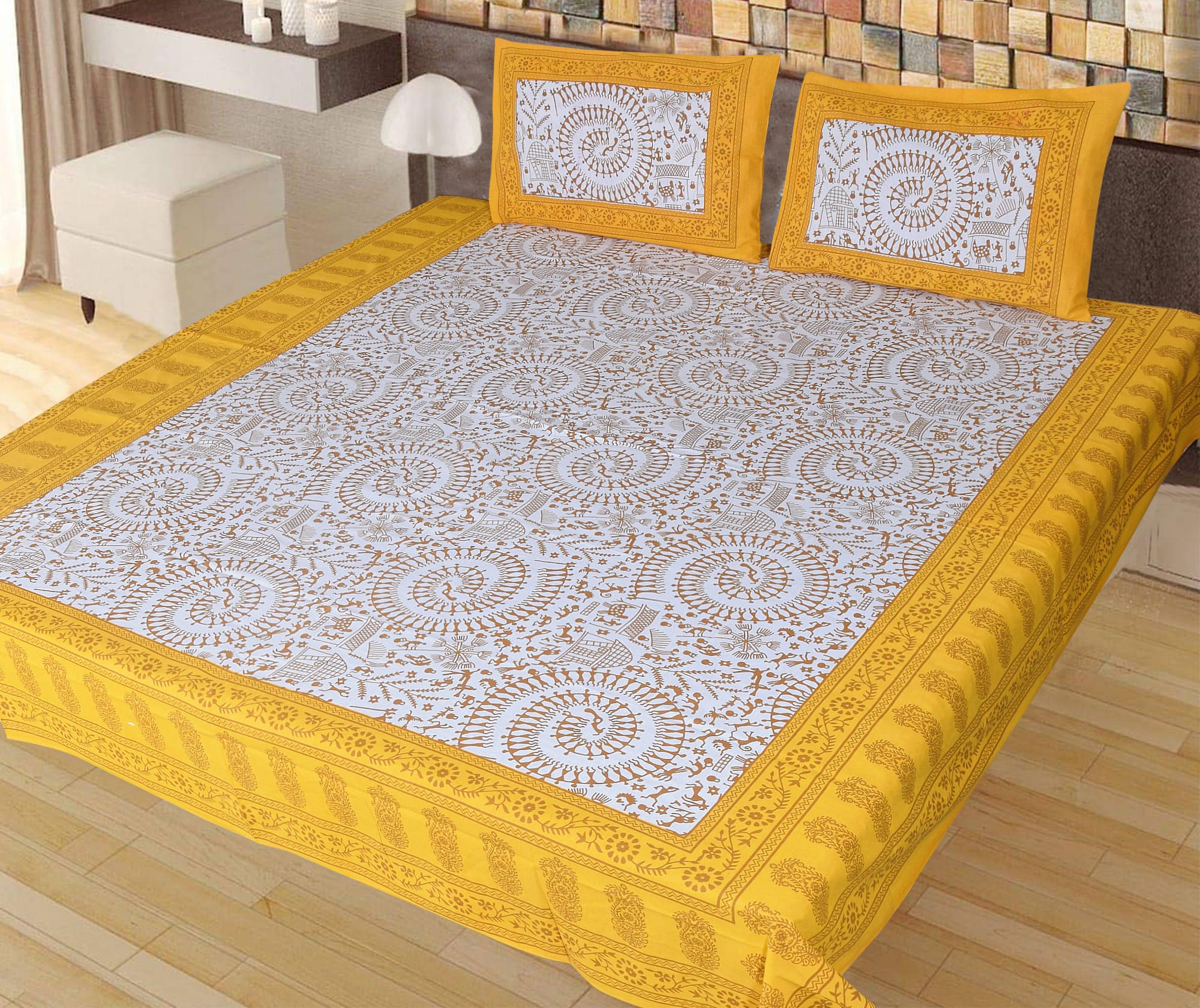     			Navkaar Creation Cotton 1 Double Bedsheet with 2 Pillow Covers ( Yellow )