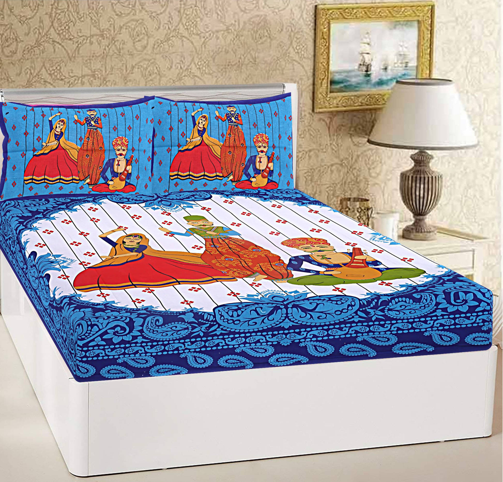     			Navkaar Creation Cotton 1 Double Bedsheet with 2 Pillow Covers ( Blue )