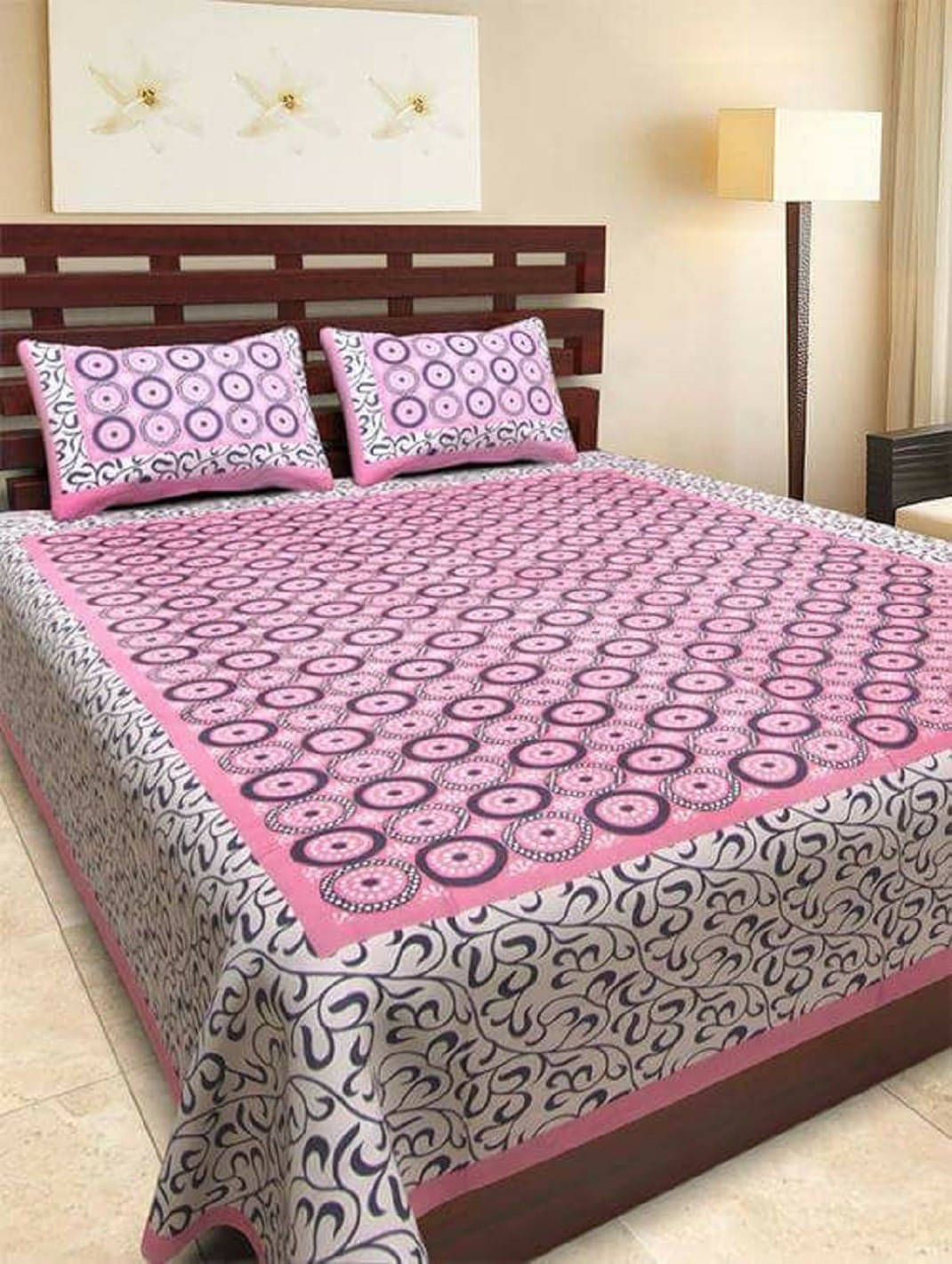     			Navkaar Creation Cotton 1 Double Bedsheet with 2 Pillow Covers ( Pink )