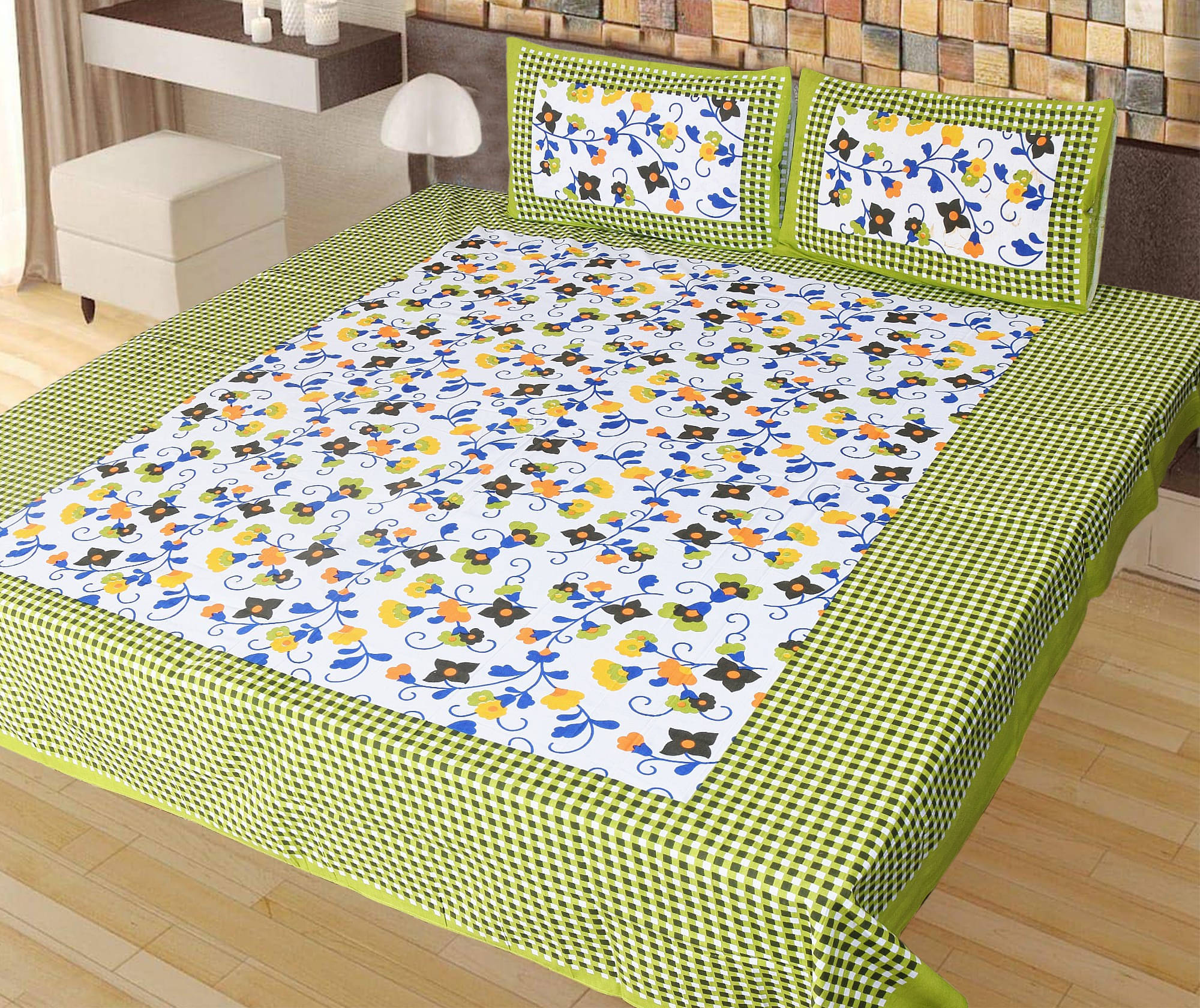     			Navkaar Creation Cotton 1 Double Bedsheet with 2 Pillow Covers ( Green )