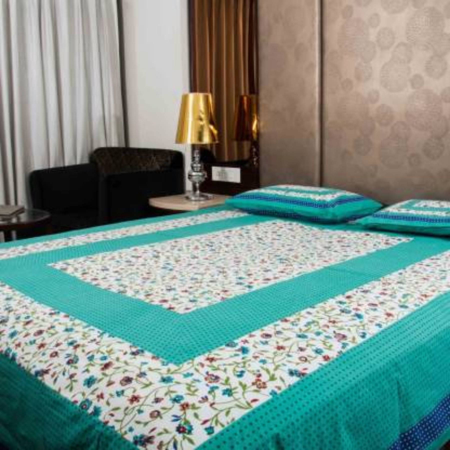     			Navkaar Creation Cotton 1 Double Bedsheet with 2 Pillow Covers ( Green )