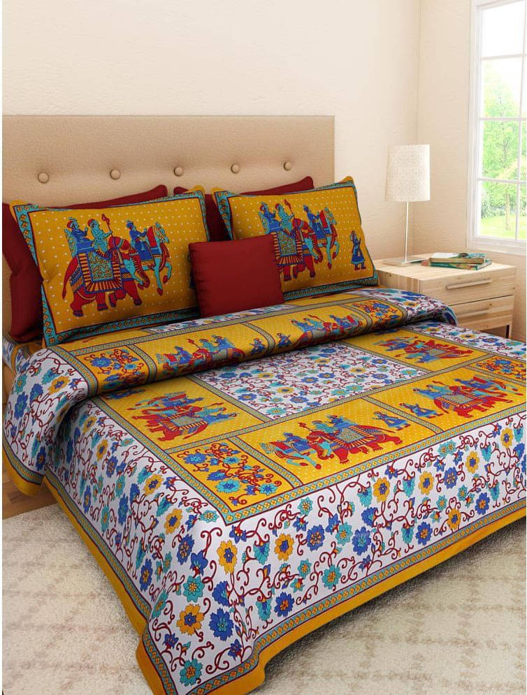     			Navkaar Creation Cotton 1 Double Bedsheet with 2 Pillow Covers ( Yellow )