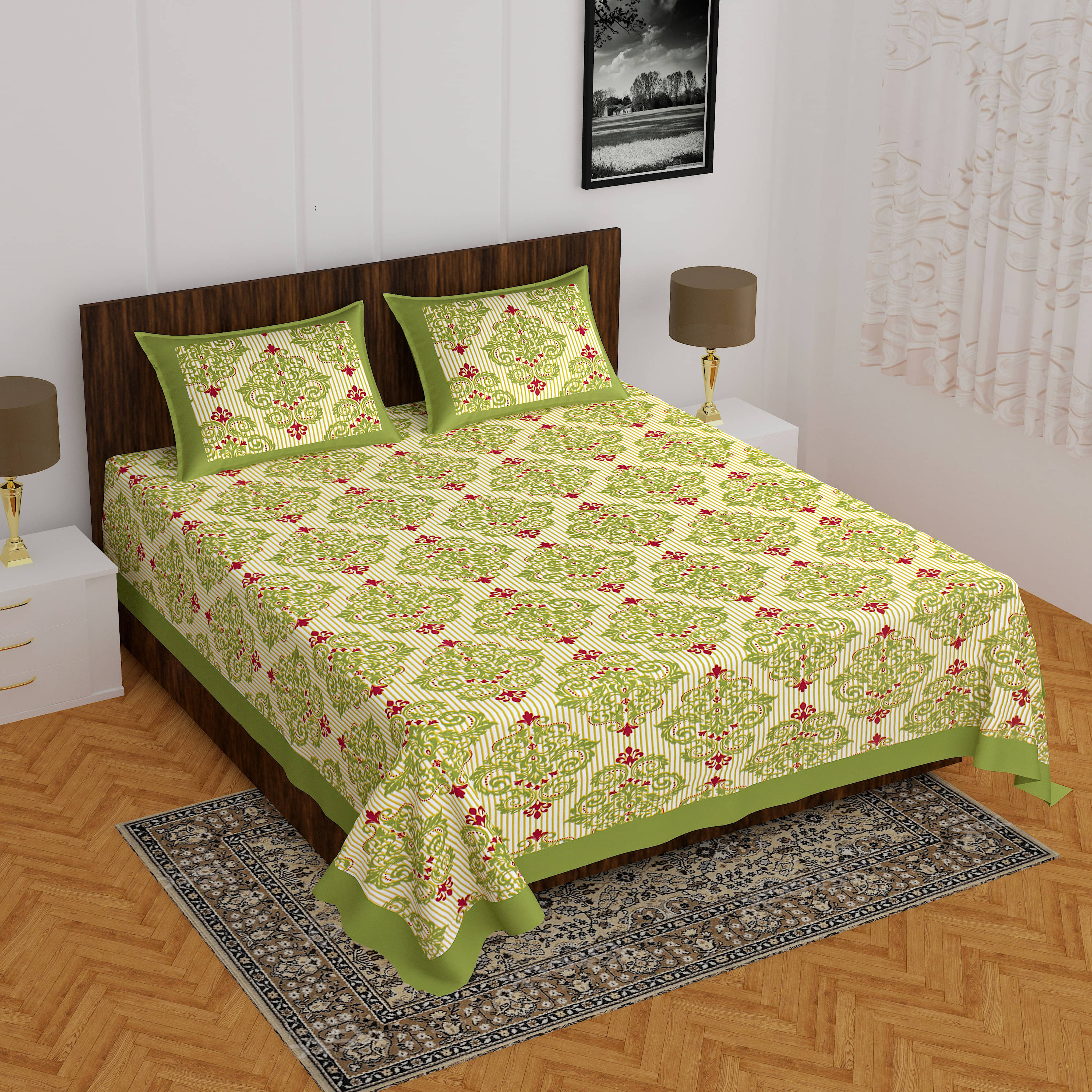 Navkaar Creation Cotton 1 Double Bedsheet with 2 Pillow Covers ( Green ) Navkaar Creation Cotton 1 Double Bedsheet with 2 Pillow Covers ( Green )