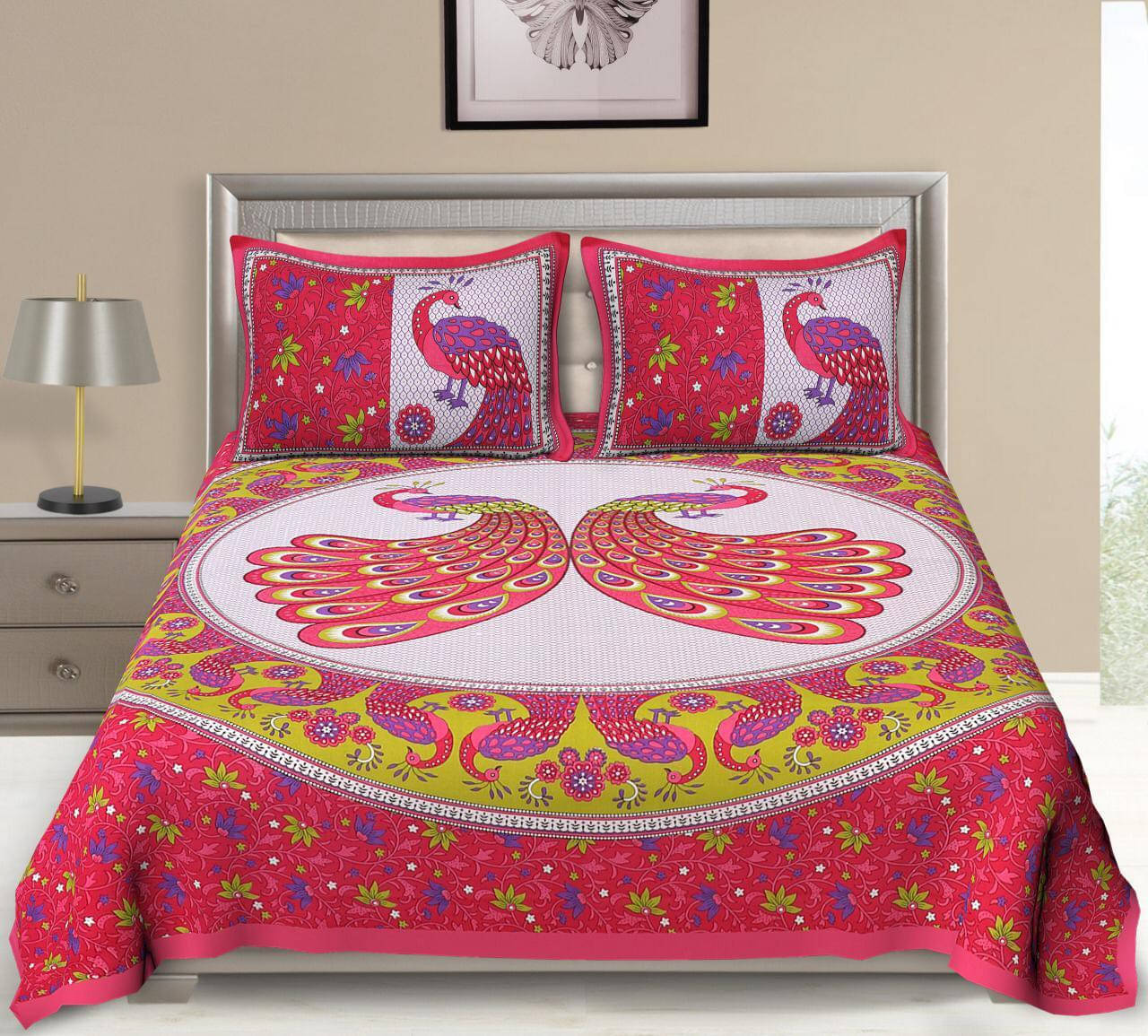     			Navkaar Creation Cotton 1 Double Bedsheet with 2 Pillow Covers ( Red )