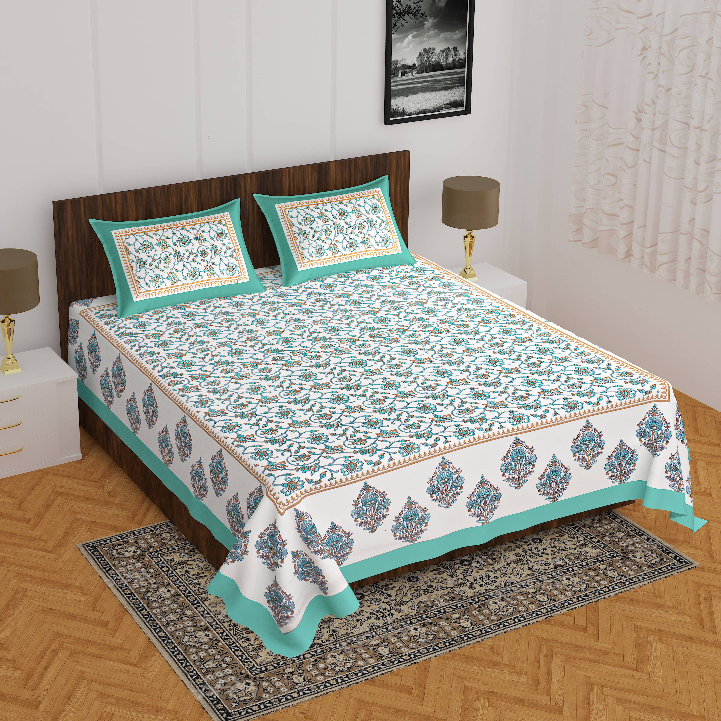     			Navkaar Creation Cotton 1 Double Bedsheet with 2 Pillow Covers ( Blue )