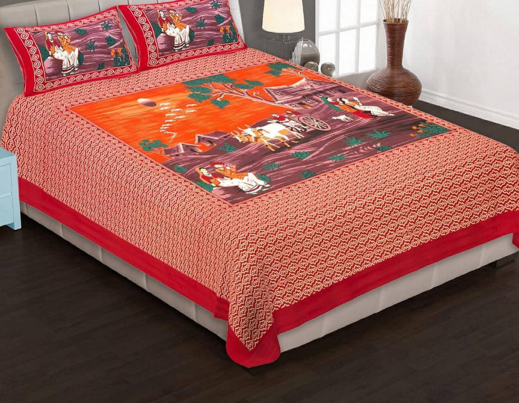     			Navkaar Creation Cotton 1 Double Bedsheet with 2 Pillow Covers ( Orange )